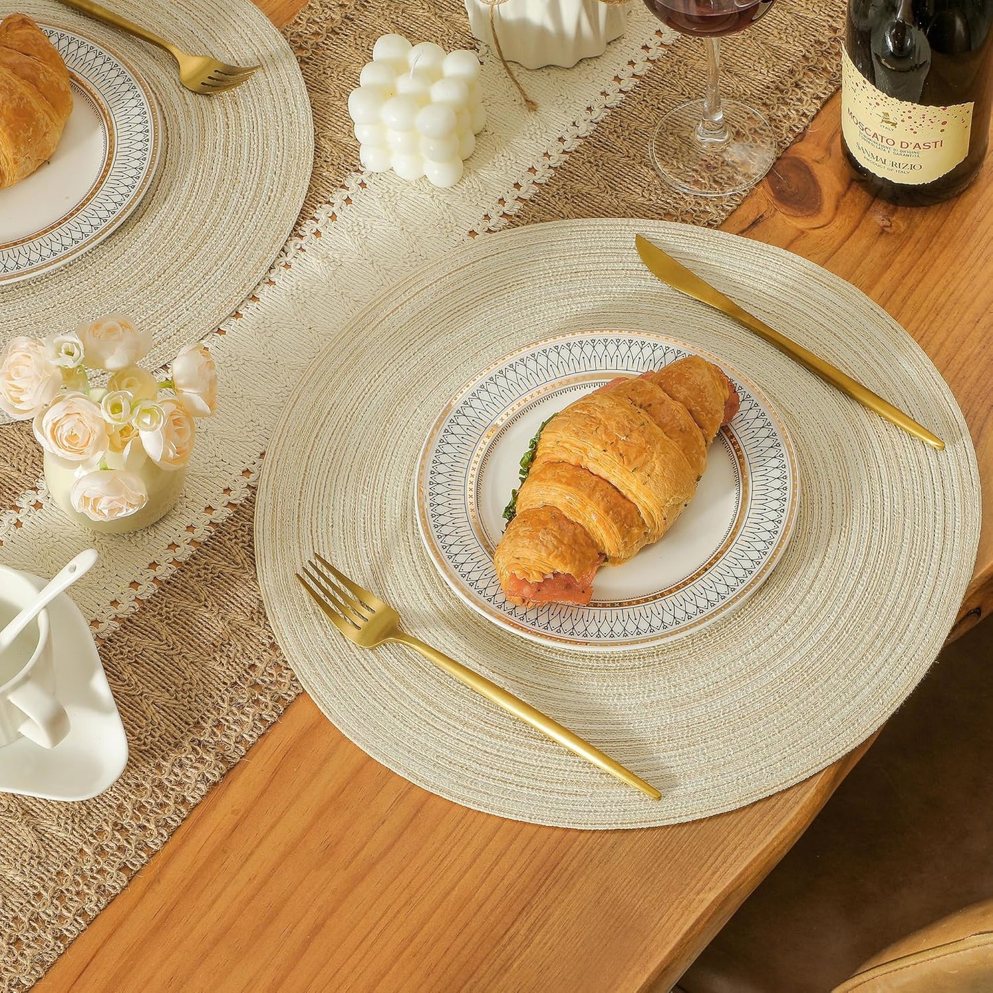 Leetaltree Round Placemats Heat and Slip Resistant Cotton Table Mats, Washable Bohemian Placemats for Dining Tables (White Beige, Set of 6)