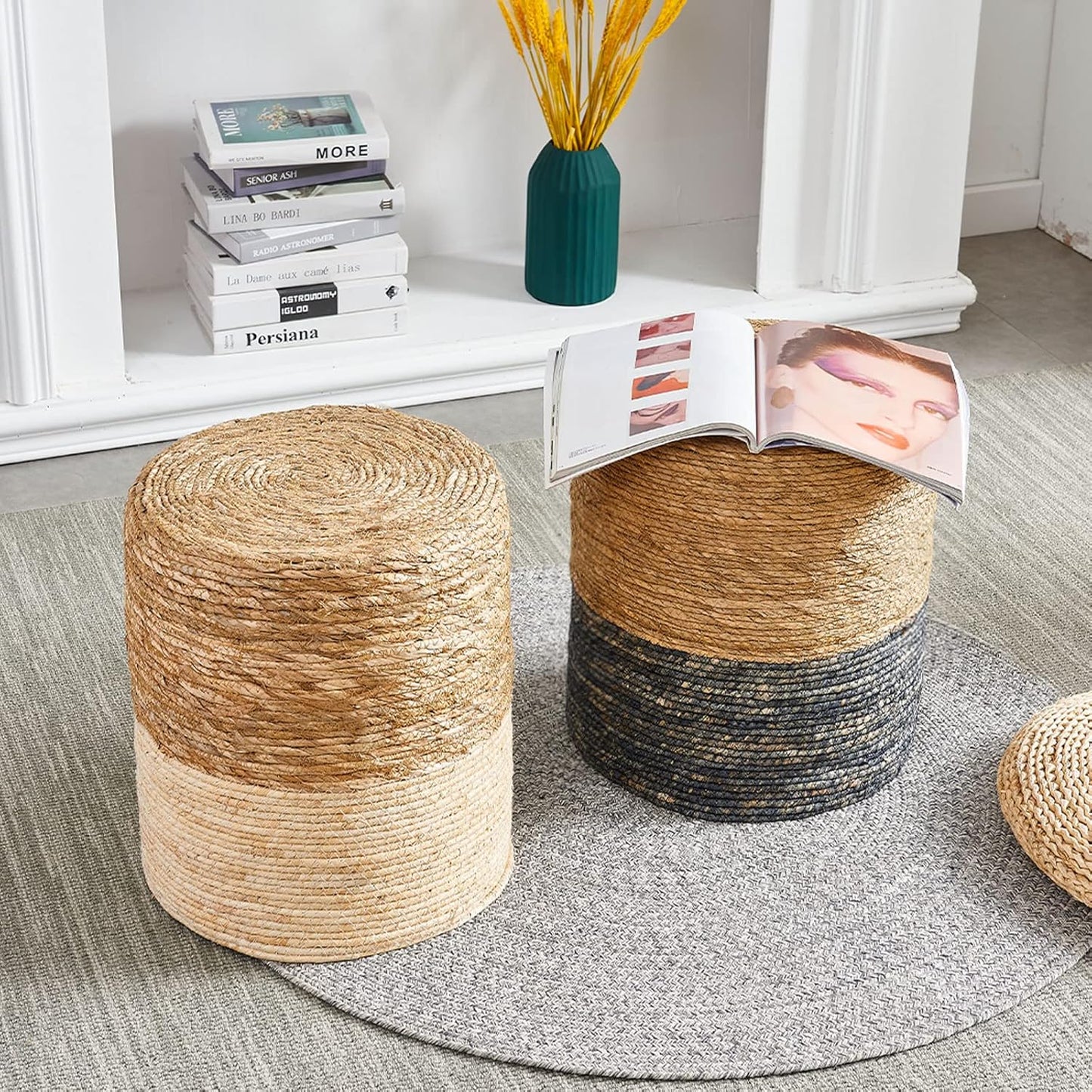 Cplxroc Pouf Ottoman, 100% Handwoven Seagrass Braided Pouffe, Boho Decor Floor Chair for Couch or Desk, Outdoor Ottomans for Garden, Round Footrest with Wood Frame, Home Decorative Seat for Balcony