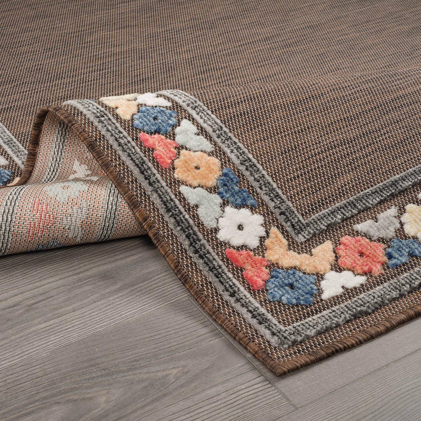 Beverly Rug Outdoor Runner Rug 2x7 Modern Floral Bordered Area Rugs for Indoor and Outdoor Patio Easy to Clean Non Shedding Living Room Porch Garden Washable Outside Carpet (2 x 7 Brown)