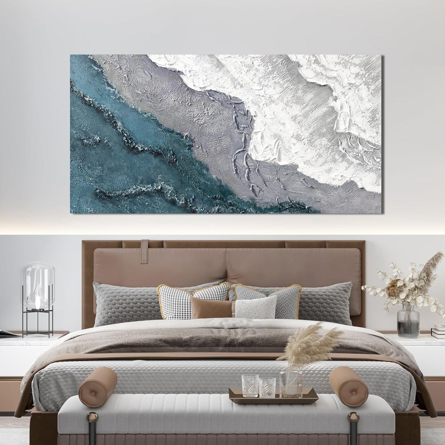 Abstract Wall Art Decor Large Modern Blue White Wall Art Prints Abstract Canvas Art Wall Decor Wave Artwork for Walls Coastal Minimalist Wall Art Decorations Bedroom Office Wall Art Decor 24" X 48"