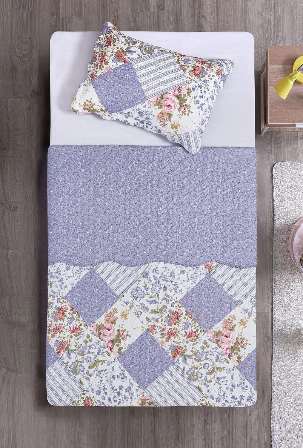 Brilliant Sunshine Rose Violet Patchwork, 2-Piece Quilt Set with 1 Sham, Reversible Bedspread, Soft Lightweight Coverlet, All-Season, Twin, Rose Violet