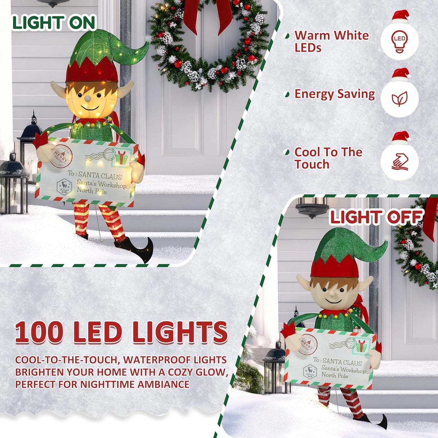 4.8FT Lighted Elf with Envelope Outdoor Christmas Decoration, 3D Pre-Lit Elf Decor with 100 LED Lights for Christmas, Freestanding Glittered Holiday Display for Outdoor, Indoor