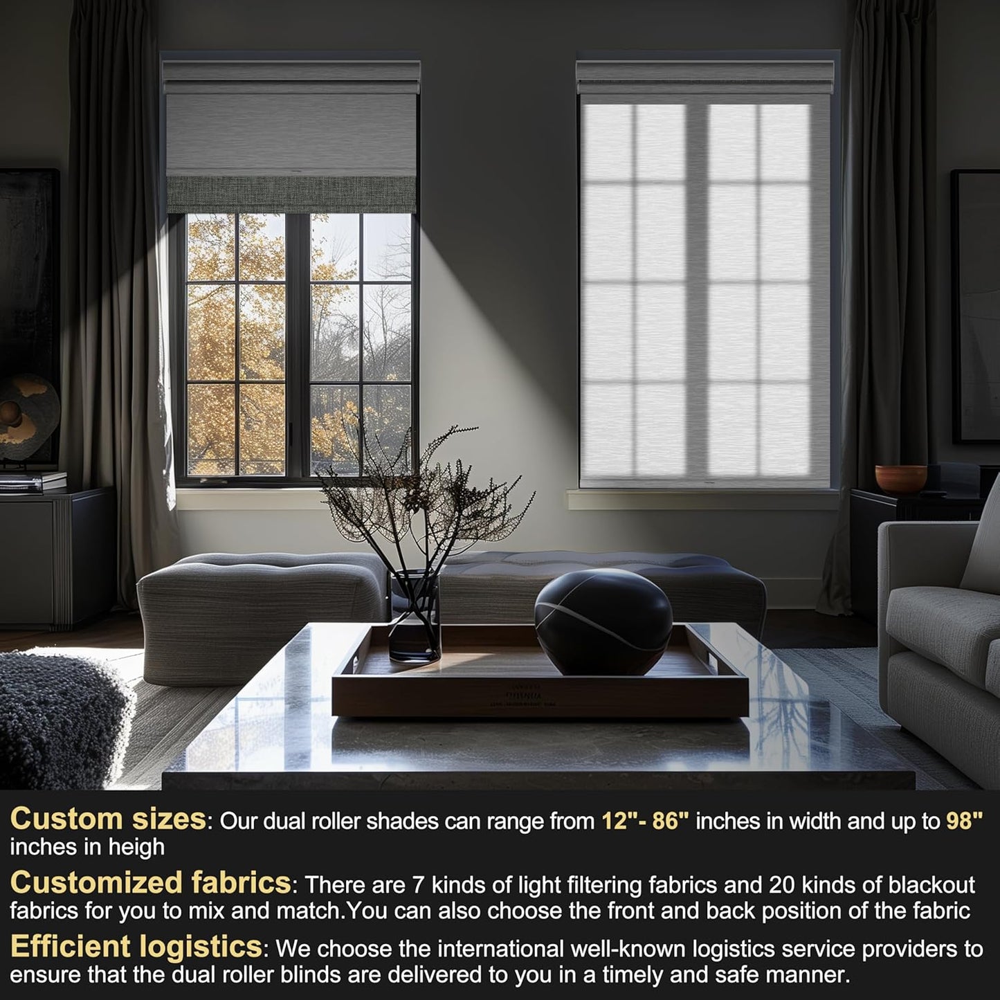 BERISSA Cordless Dual Roller Shades With Cassette Valance, Blackout and Light Filtering, Day and Night for Home Office Door - Linen Grey and White, 76 W x 36" H