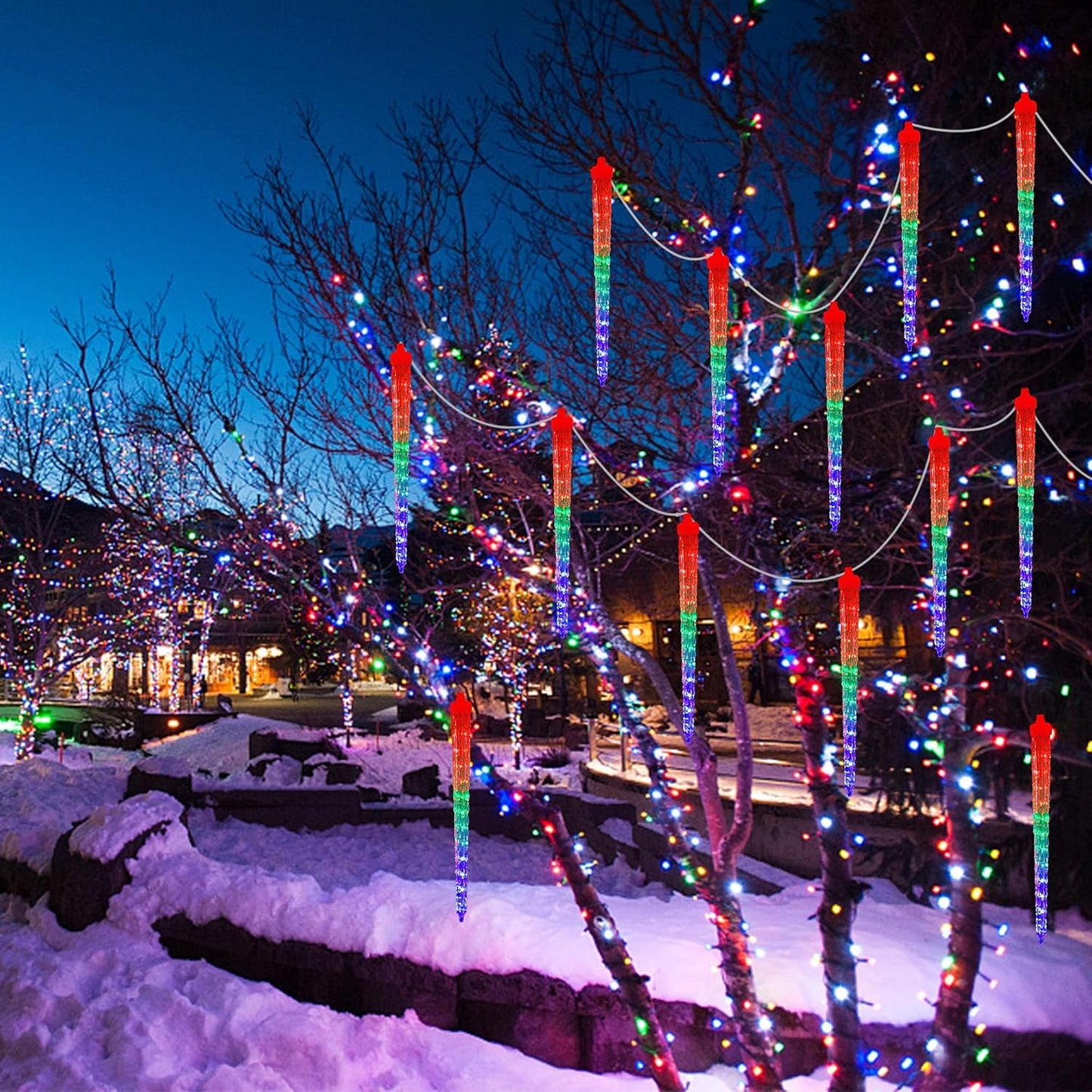 WATERGLIDE Meteor Shower Lights, 12" Outdoor Icicle Christmas Lights 8 Icicles 192 SMD LED Crystal Ice Falling Light, Connectable Raindrop Light, Xmas Winter Party Tree Holiday Decor, Multicolor