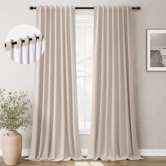 BOODII Oatmeal Thermal Insulated Black Out Curtains 90 Inches Long for Bedroom Back Tab Full Blackout Linen Curtains Heat Blocking Energy Saving Room Darkening Curtain Nursery Drapes Warm Taupe