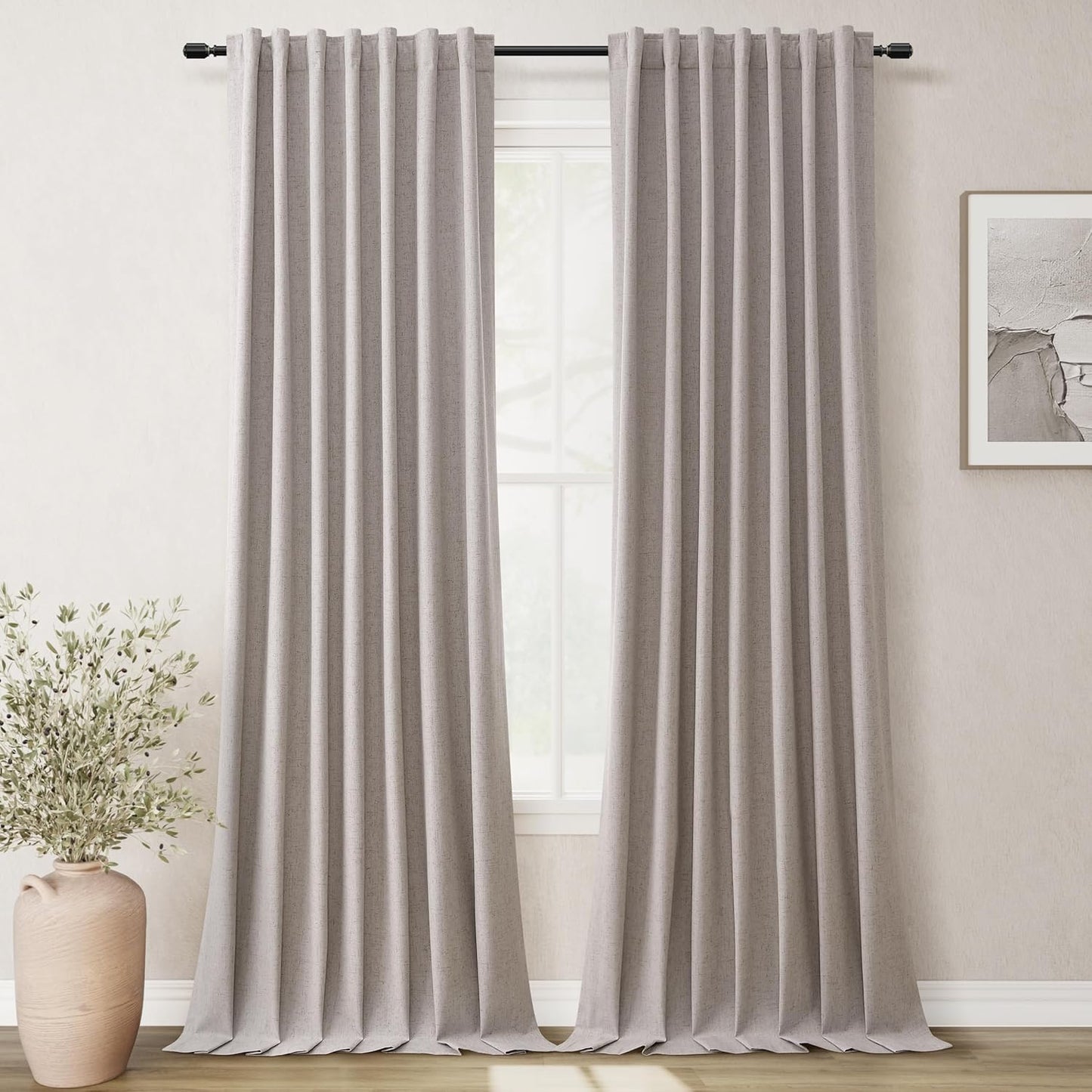 BOODII 100% Blackout Curtains for Bedroom 95 Inch Length 2 Panels Set Room Darkening Linen Curtains Brownish Grey Black Out Curtain Neutral Thermal Insulated Living Room Winter Drapes Back Tab 52x95