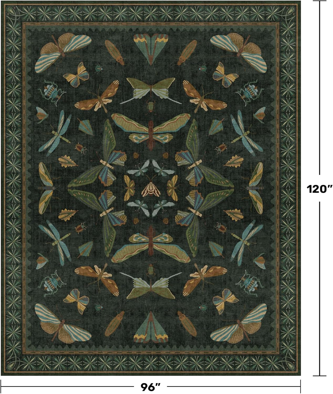Dark Green Bug Area Rugs 8x10 for Living Room, Dining Room Under Table, Bedroom, Unique Washable Floral Non Slip Floor Insect Carpet with Butterfly, Bee, Moth, Dragonfly
