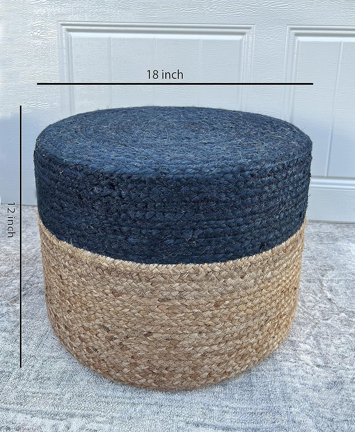 Jute Pouf Ottoman | Footrest Pouf | Hand Braided - Round Boho Pouffe - for Living Room, Bedroom, Nursery (18"x18"x12") Navy