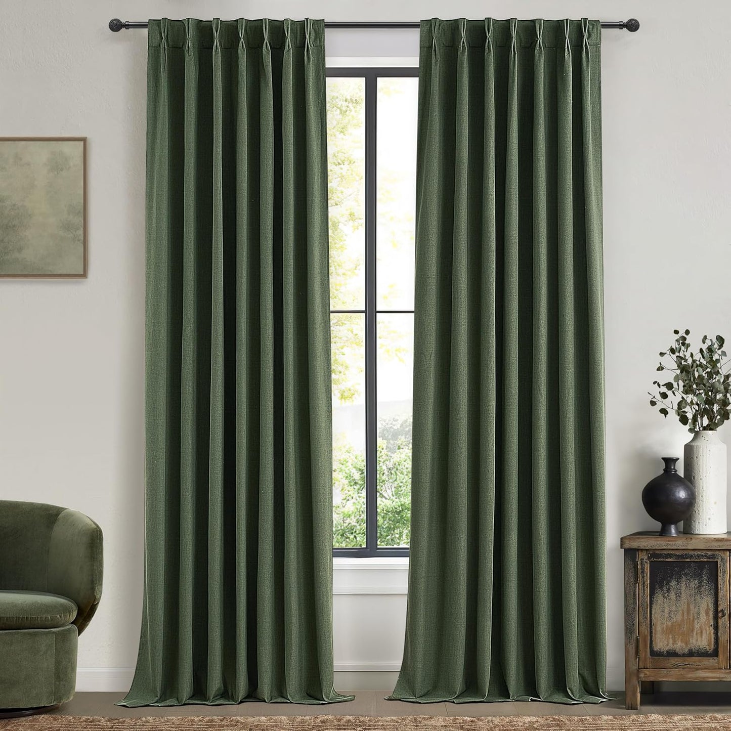 100 Inch Curtains for Classroom, 100 Percent Blackout Thermal Window Curtains for Sliding Glass Door Dark Olive Green Moody Heavy Duty Drapes Linen Pinch Pleated (40W x 100 x 2 Panels)