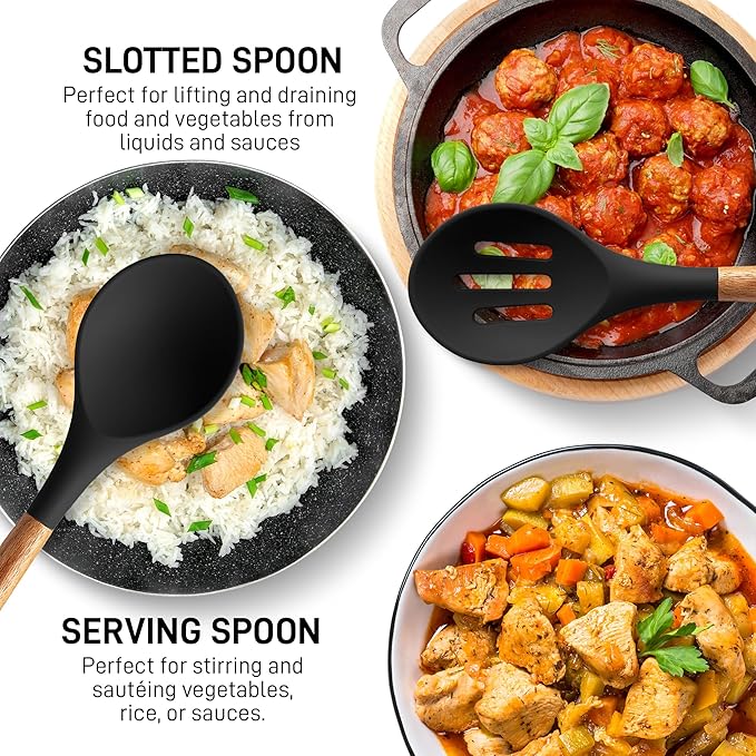 Zulay Kitchen Non-Stick Cooking Utensils Set with Authentic Acacia Wood Handles – 5-Piece Durable & Stylish Silicone Kitchen Utensils Set – Heat Resistant to 464°F – Black