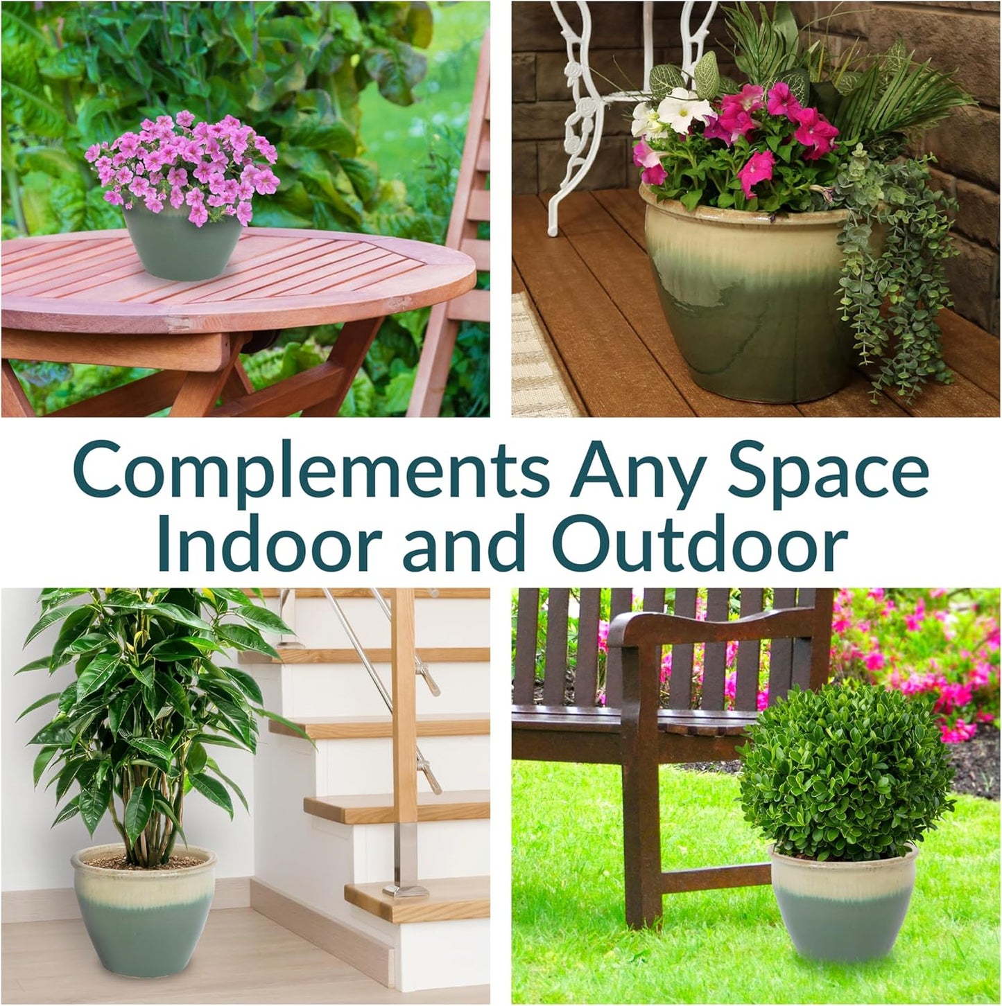 Sunnydaze Chalet Large Ceramic Plant Pot - Round Outdoor Glazed Ceramic Planter Pot with Drainage - Seafoam - 14.5"