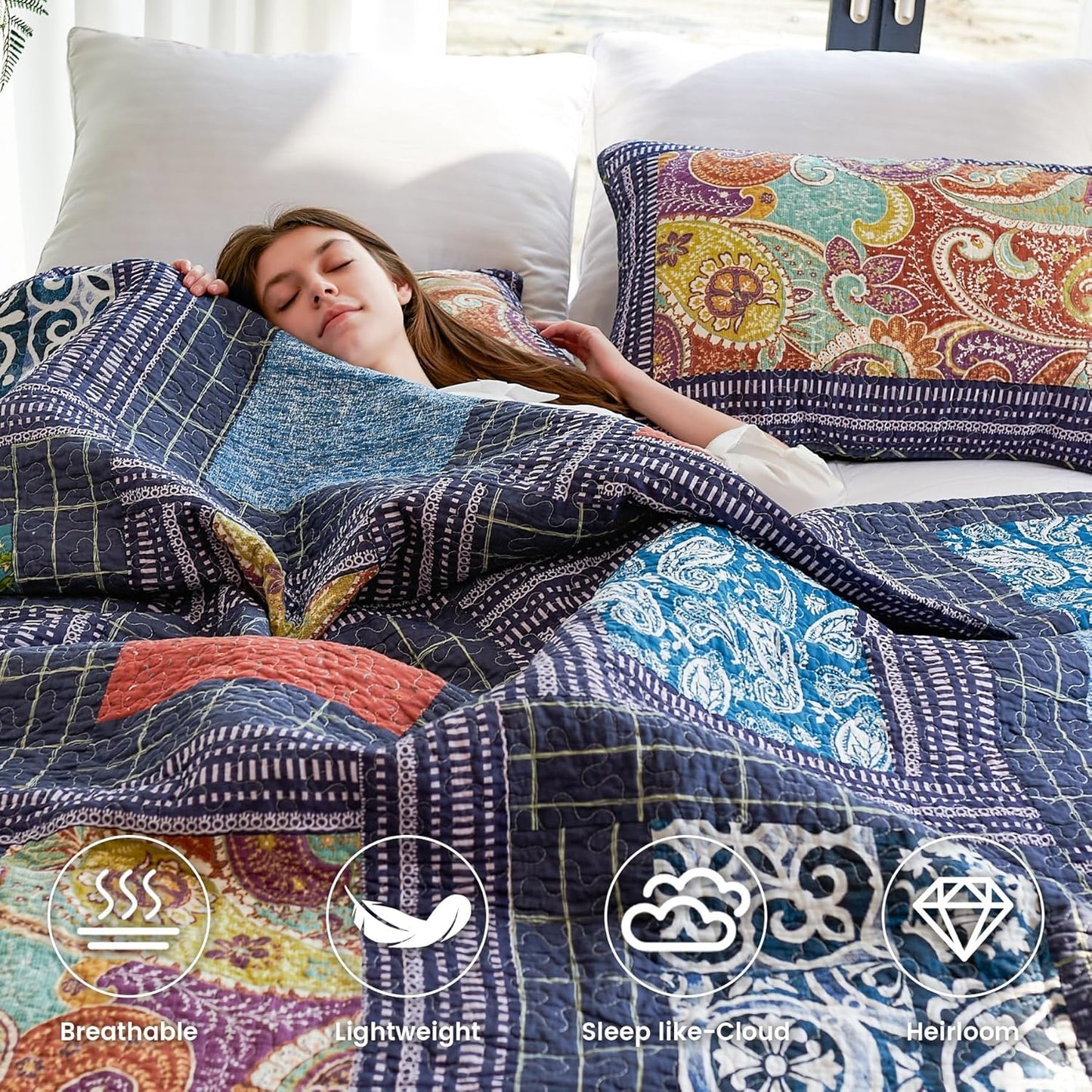 Secgo Queen Comforter Set for Bed - 100% Cotton Quilts Queen Size, Black Bedspreads (90 * 98 Inch) with 2 Pillow Shams, Patchwork Reversible Lightweight Bedding