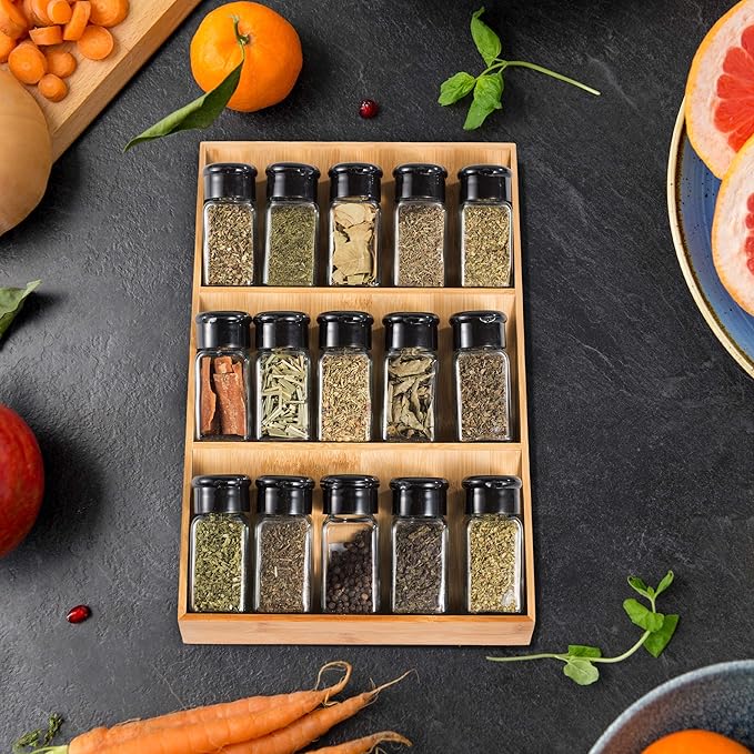Bamboo Spice Rack Organizer for Drawer 3 Tier Bamboo Spice Tray Cabinet for Kitchen Storage and Organizer (Pre-Measure Your Drawer)(1 Pack, Drawer)