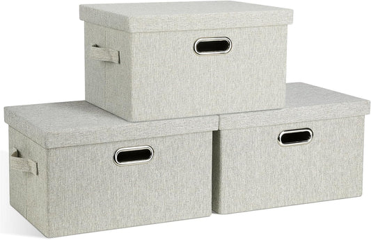 Medium 15" 21 Quart Collapsible Stackable Storage Bins with Lids, 3 Packs Beige Foldable Fabric Closet Boxes Heavy-duty Linen Cube Baskets Container for Bedroom Office (15 x 11 x 8)