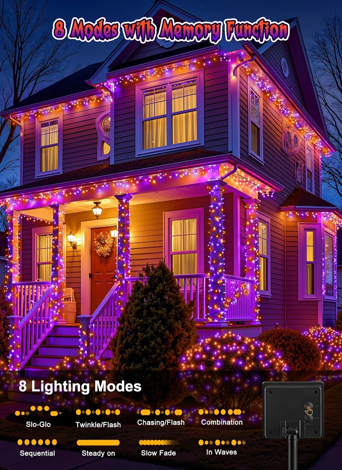 Brightown 2 Pack Halloween Solar String Lights Outdoor, Total 144Ft 400 LED Twinkle Fairy Lights Waterproof with 8 Modes Auto On/Off for Patio Tree Garden Party Home Decorations (Orange&Purple)