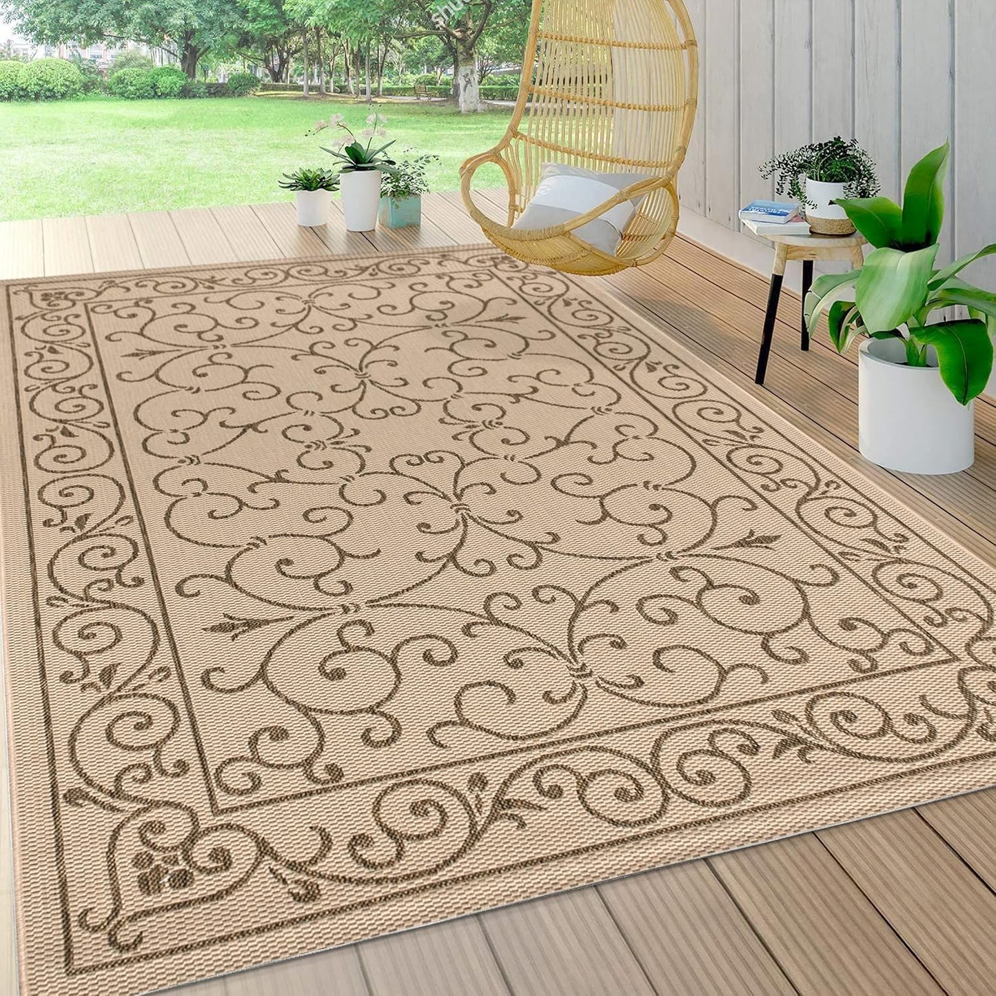 JONATHAN Y Vintage Filigree Indoor Outdoor Area Rug 3X5 Beige/Brown, Charleston Textured Weave for Backyard, Patio, Porch, Easy-Cleaning, High Traffic, Pet-Friendly, Non-Shedding (SMB106A-3)