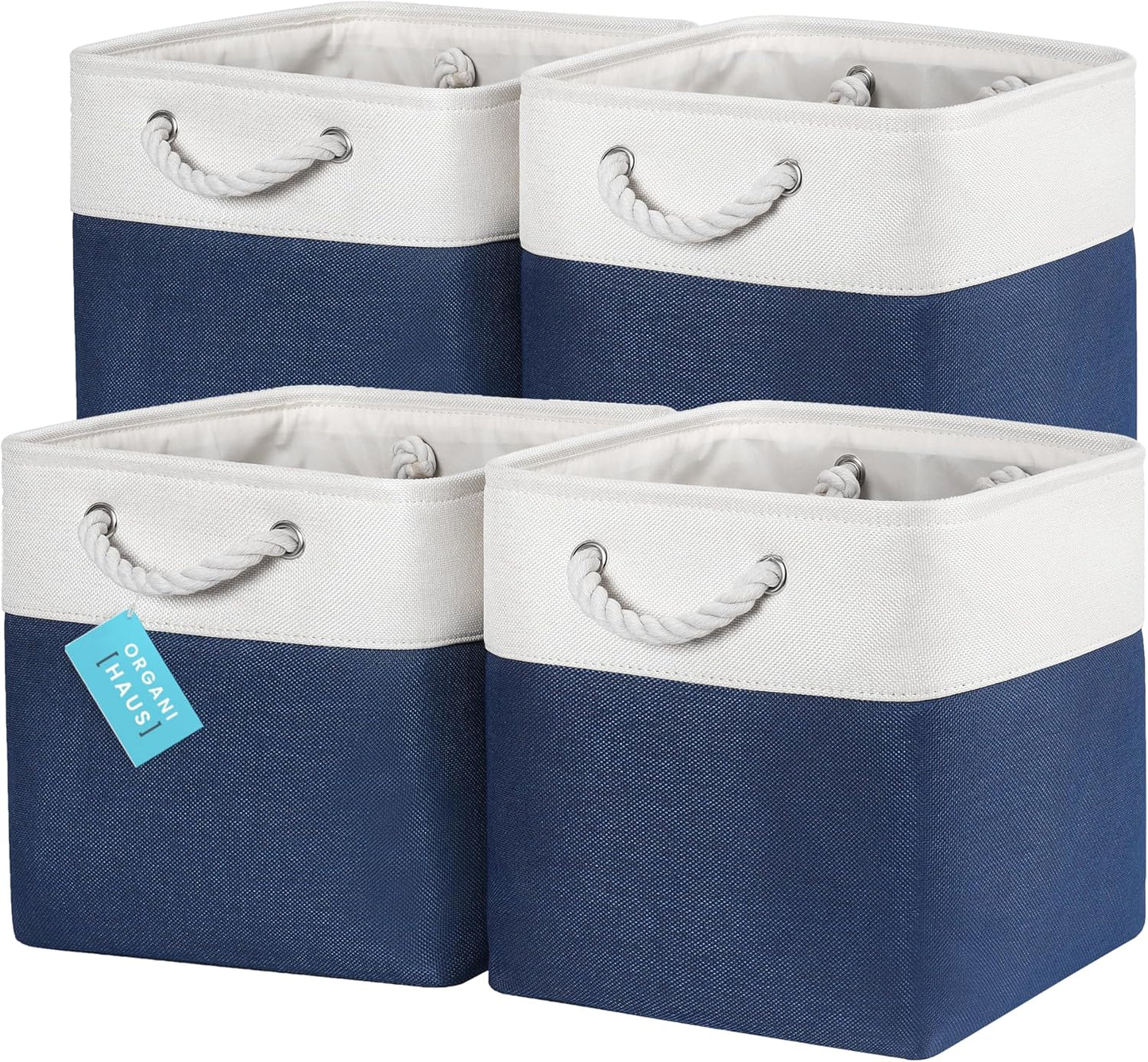 OrganiHaus 12x12 Cube Storage Bins 4 Pack, Foldable Cube Storage Organizer w/ Rope Handles, Collapsible Fabric Bins for Toys, Clothes & Closet Organization, Fabric Square Baskets - Navy Blue