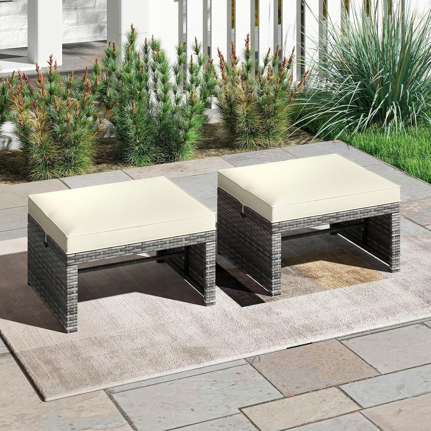 Tangkula 2 Pieces Patio PE Rattan Ottomans, Multipurpose Outdoor Footstool Footrest Additional Seating Side Table with Soft Zippered Cushions for Deck, Garden, and Yard (White)
