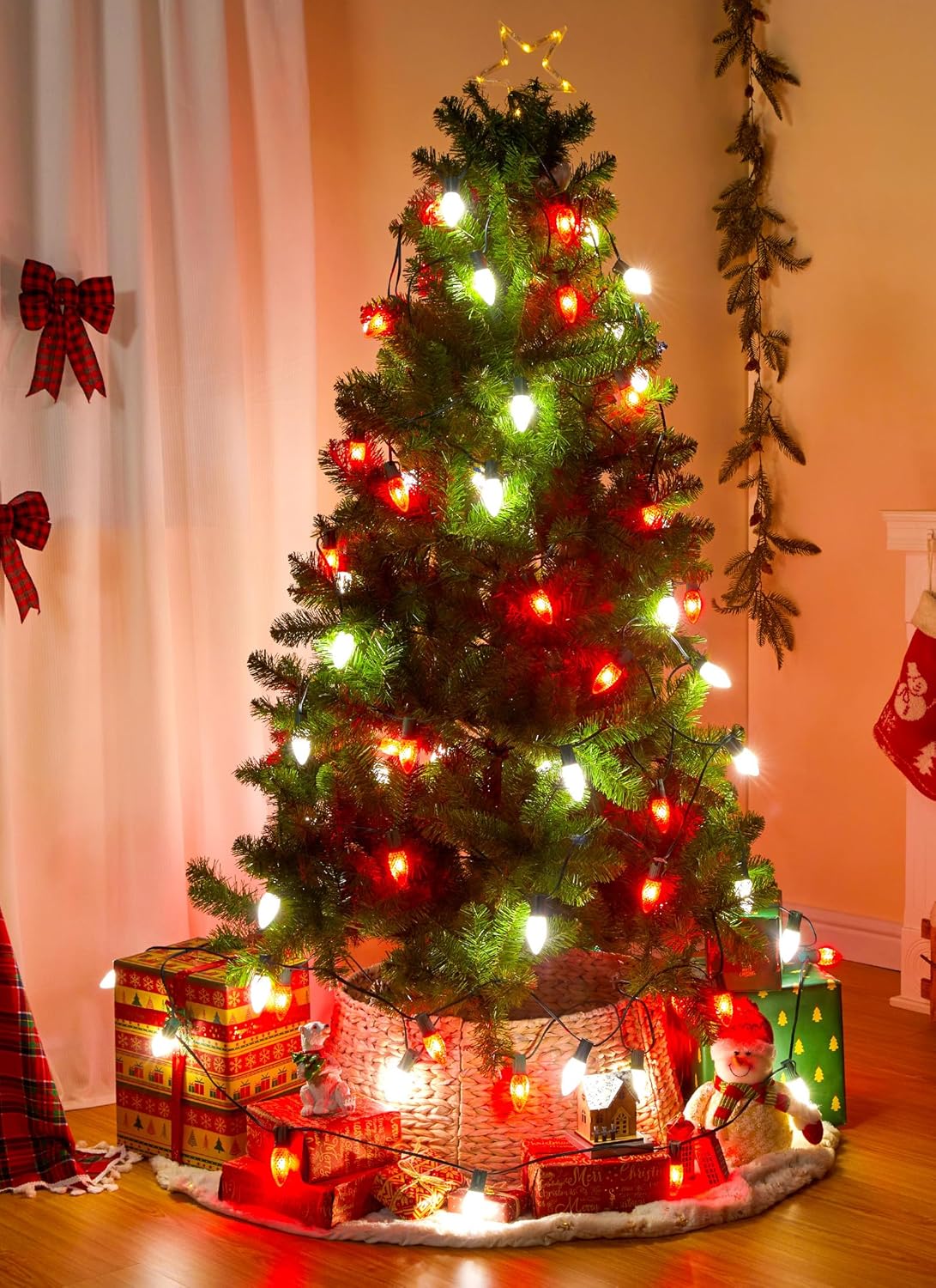 Outdoor Christmas Lights, 100 Ft LED Commercial String Lights With Red and Pure White Strawberry C9 Bulbs, Waterproof Connectable UL Certified for Indoor Home Yard Xmas Tree Decor