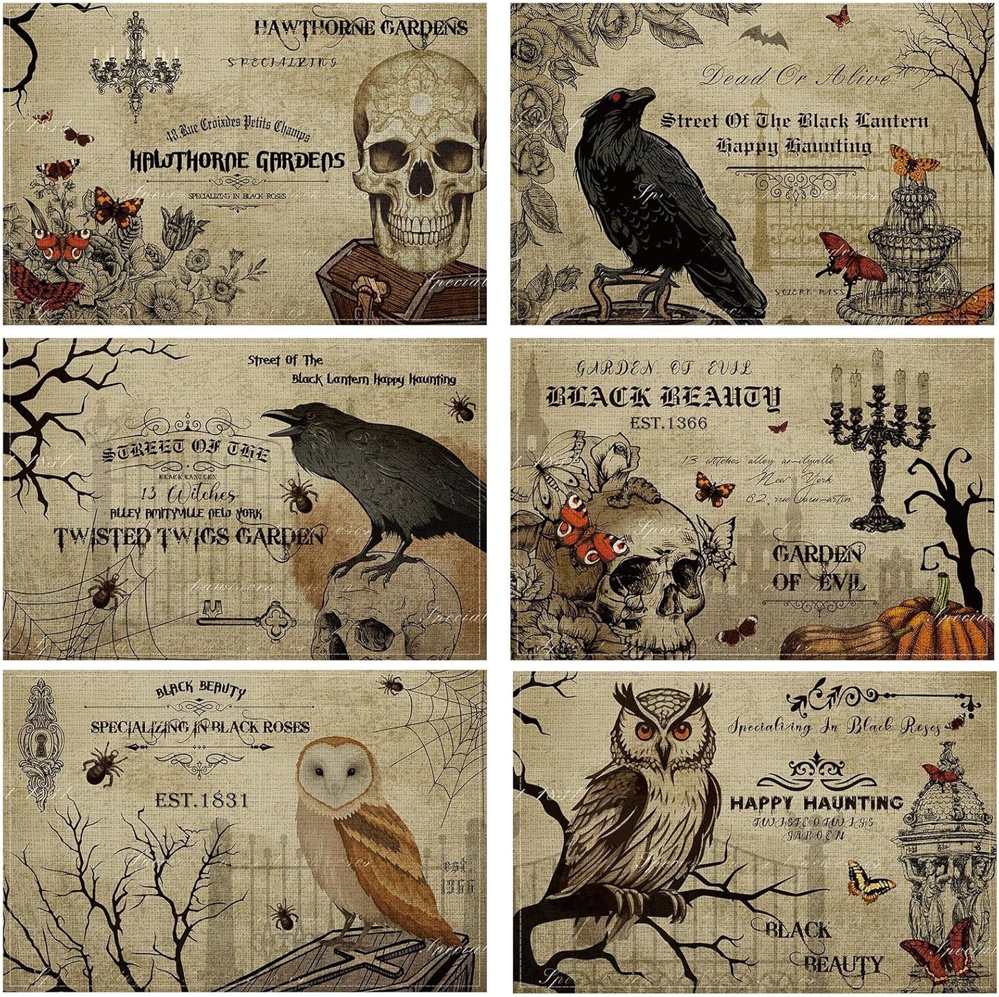 Umigy 6 Pcs Halloween Placemats 12"x18" Gothic Bat Placemats Kitchen Decoration Washable Witch Place Mats Rectangle Skull Table Mats for Halloween Dining Table Accessories(Poster Style)