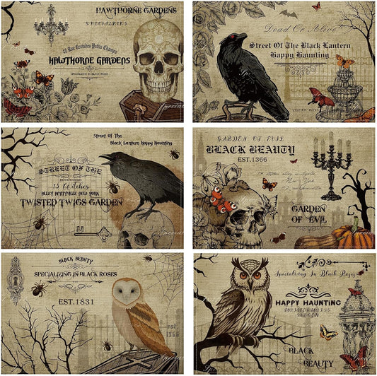 Umigy 6 Pcs Halloween Placemats 12"x18" Gothic Bat Placemats Kitchen Decoration Washable Witch Place Mats Rectangle Skull Table Mats for Halloween Dining Table Accessories(Poster Style)