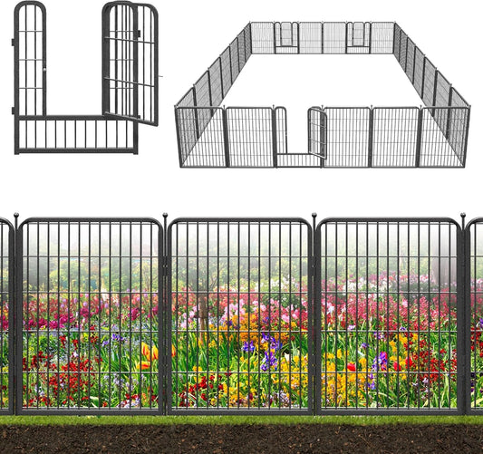 Decorative Black Metal Fencing Garden Fence with Gate, 55ft(L) 32in(H) 24 Fence Panels No Dig Fence Rustproof Animal Barrier Fence Temporary Dog Panels Fencing Outdoor