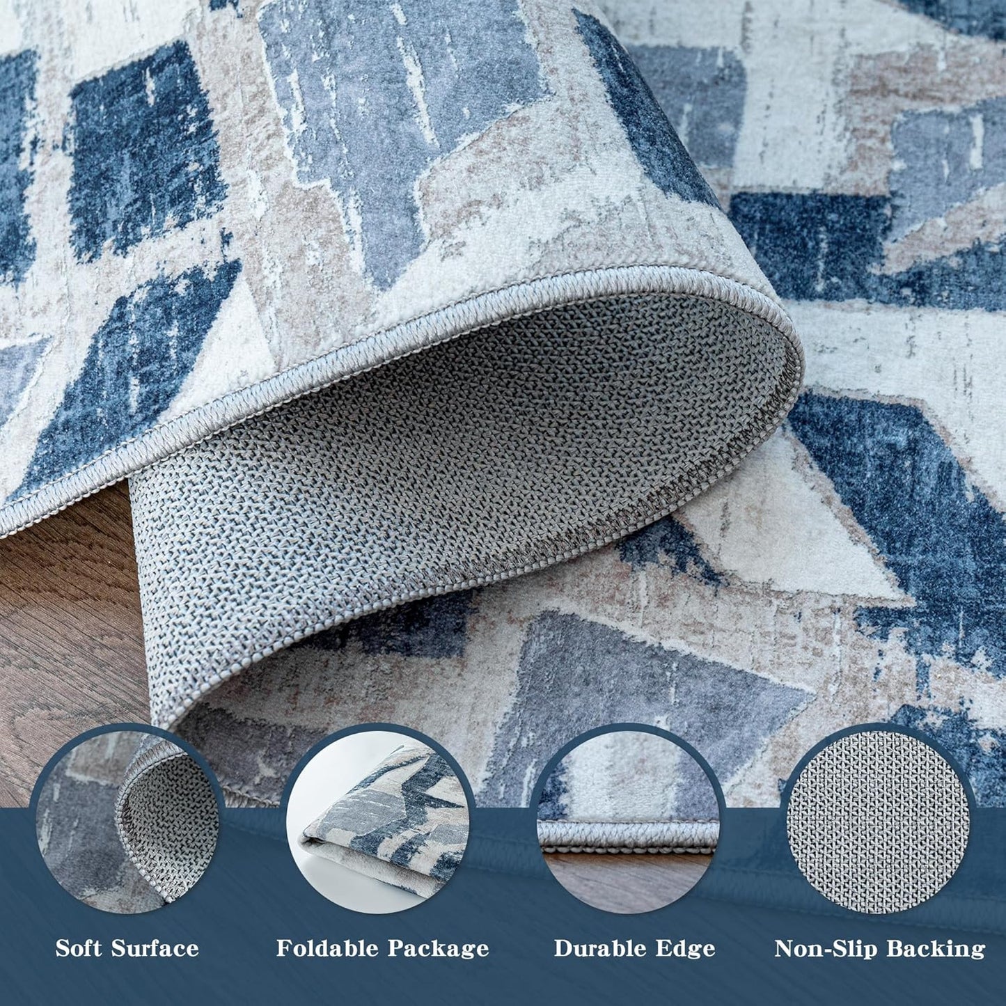 Modern Abstract Blue 8X10 Area Rug for Living Room Bedroom Washable, with Non-Slip Rubber Backing Print Faux Wool Thin, Throw Large Carpet for Kids Playroom Dining Room Pet & Child Friendly