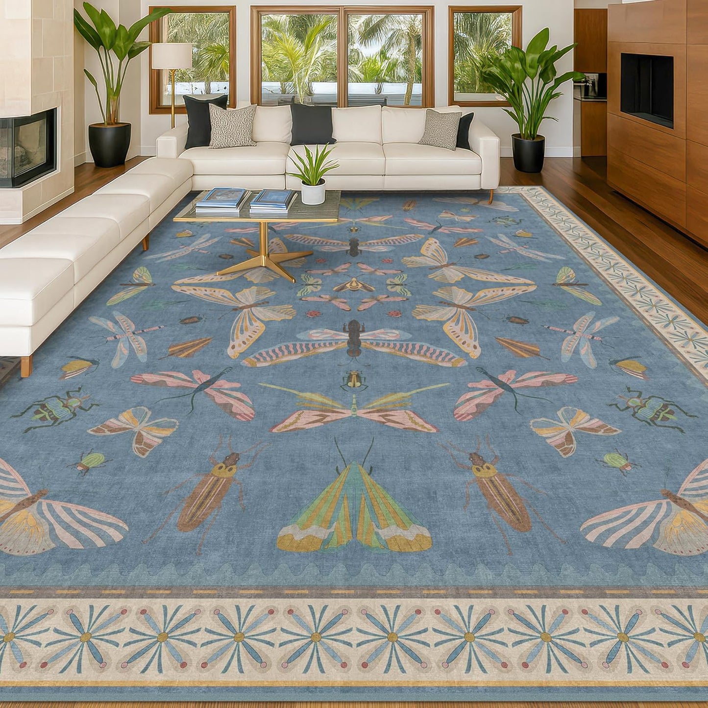 Insect Light Blue Rug for Living Room - 9x12 Cute Rugs for Bedroom, Moth Floral Boho Design, Low Pile Stain Resistant Washable, Perfect for High Traffic Area