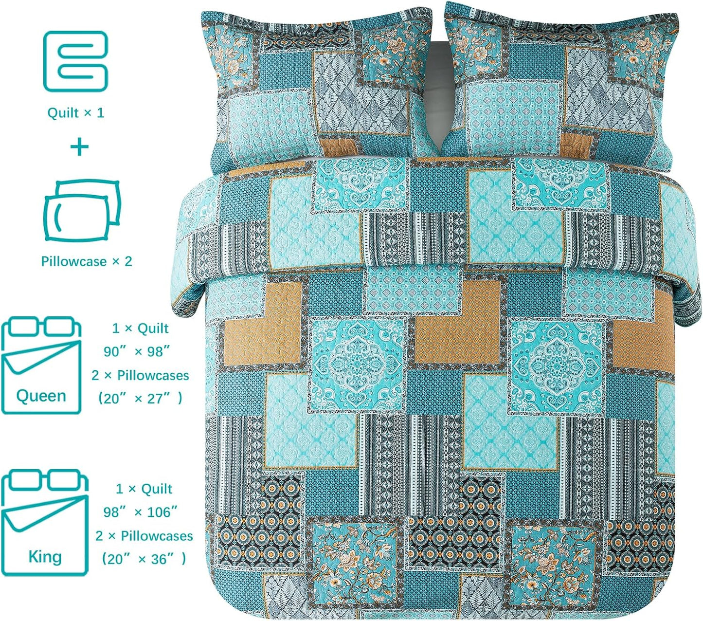 VAPUTAR Cotton Quilt Twin Size Bedding Set - 2 Pieces, Farmhouse Twin Size Quilts, Lightweight Reversible Coverlets Bedspreads for All Season (Teal/Green Chic)