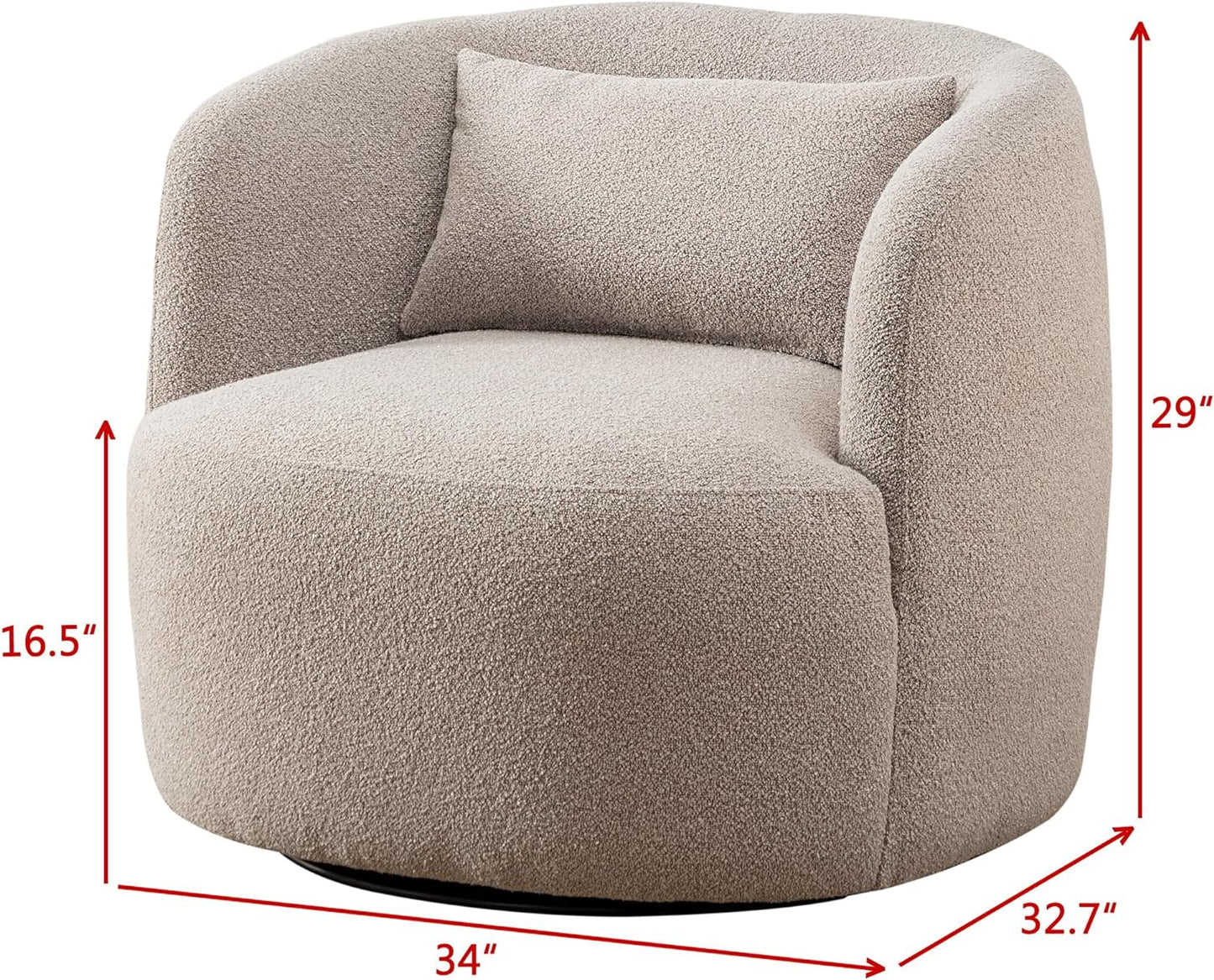 KINWELL 34" Wide Boucle Swivel Barrel Chairs Set of 2, No Assembly Round Upholstered Armchairs Accent Chairs Single Sofa Chair with Toss Pillow for Living Room and Bedroom, Taupe
