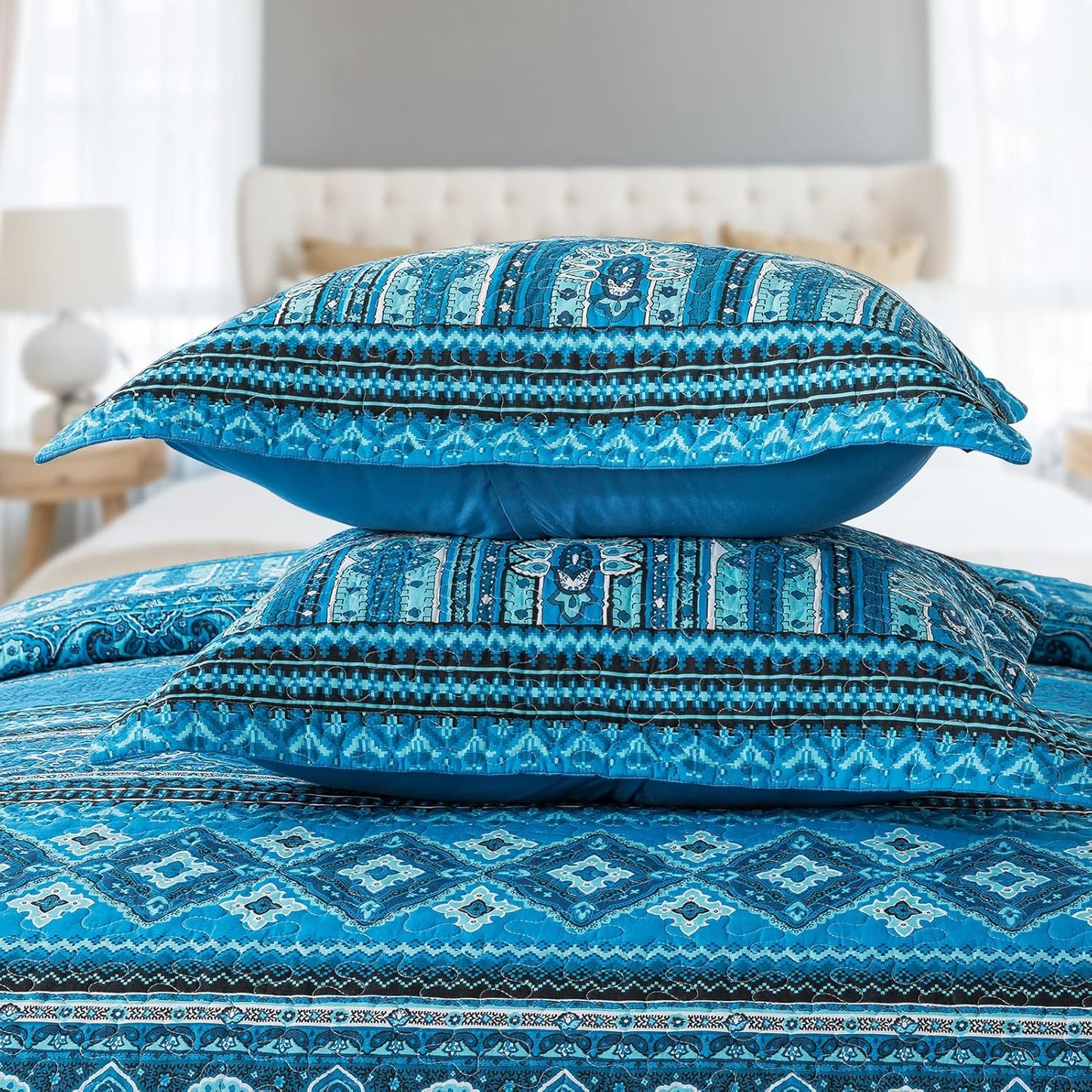 VAPUTAR Cotton Quilt Queen Size Bedding Set - 3 Pieces Queen Quilt Bedding Set, Boho Queen Size Quilts, Lightweight Reversible Coverlets Bedspreads for Farmhouse Bedroom (Blue)