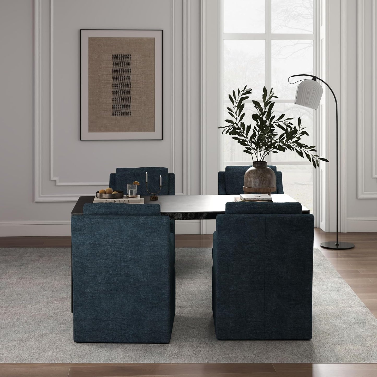 VKNOW Upholstered Dining Chairs Set of 4, Modern Kitchen Chairs Dinner Chairs with 4 Casters, Linen Armchair for Bedroom Reading Room Living Room, Navy