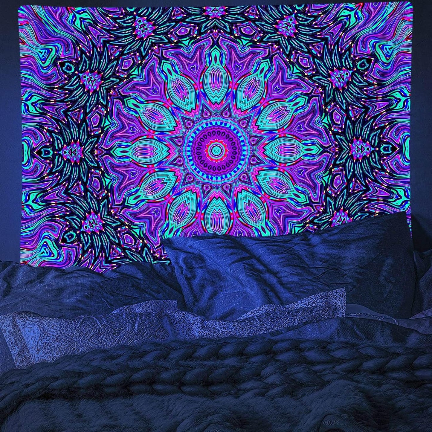 PSYHILAR Blacklight Mandala Tapestry for Bedroom, Psychedelic Black Light Posters for Adults and Teens, Neon UV Reactive Aesthetic Bohemian Art Wall Hanging Decor (40 x 30 Inches)