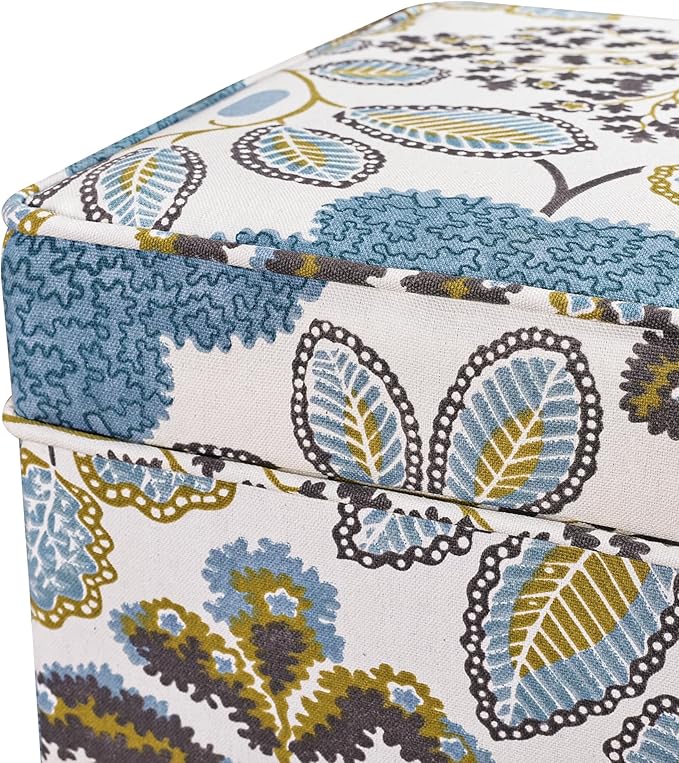 Adeco 18 Inch High Cube Ottoman Storage, Linen Chair Foot Stools, Upholstered Vanity Stool with Hinged Lid, Solid Wood Legs (Blue Leaves)