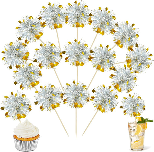 Ephlyn 30Pcs Foil Firework Cupcake Toppers Sparkle Tinsel Cupcake Picks Happy Birthday Cake Decorations Drink Stirrers Cocktail Food Fruit Toothpicks for Baby Shower Graduation Party Supplies Silver
