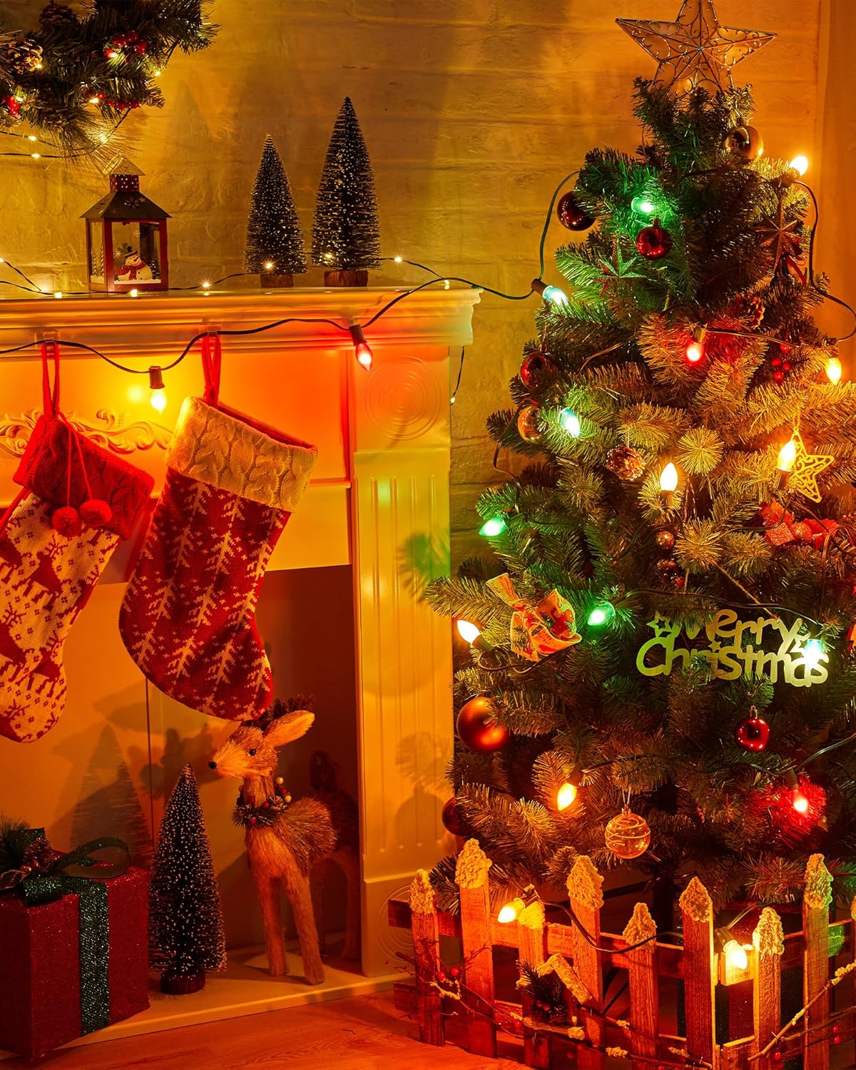 Vintage C9 LED Christmas Lights Outdoor, 100 Feet C9 String Lights with 100 Colored Shatterproof Bulbs, Connectable Waterproof Lights for Holiday Party Roofline Backyard Garden Patio, Green Wire