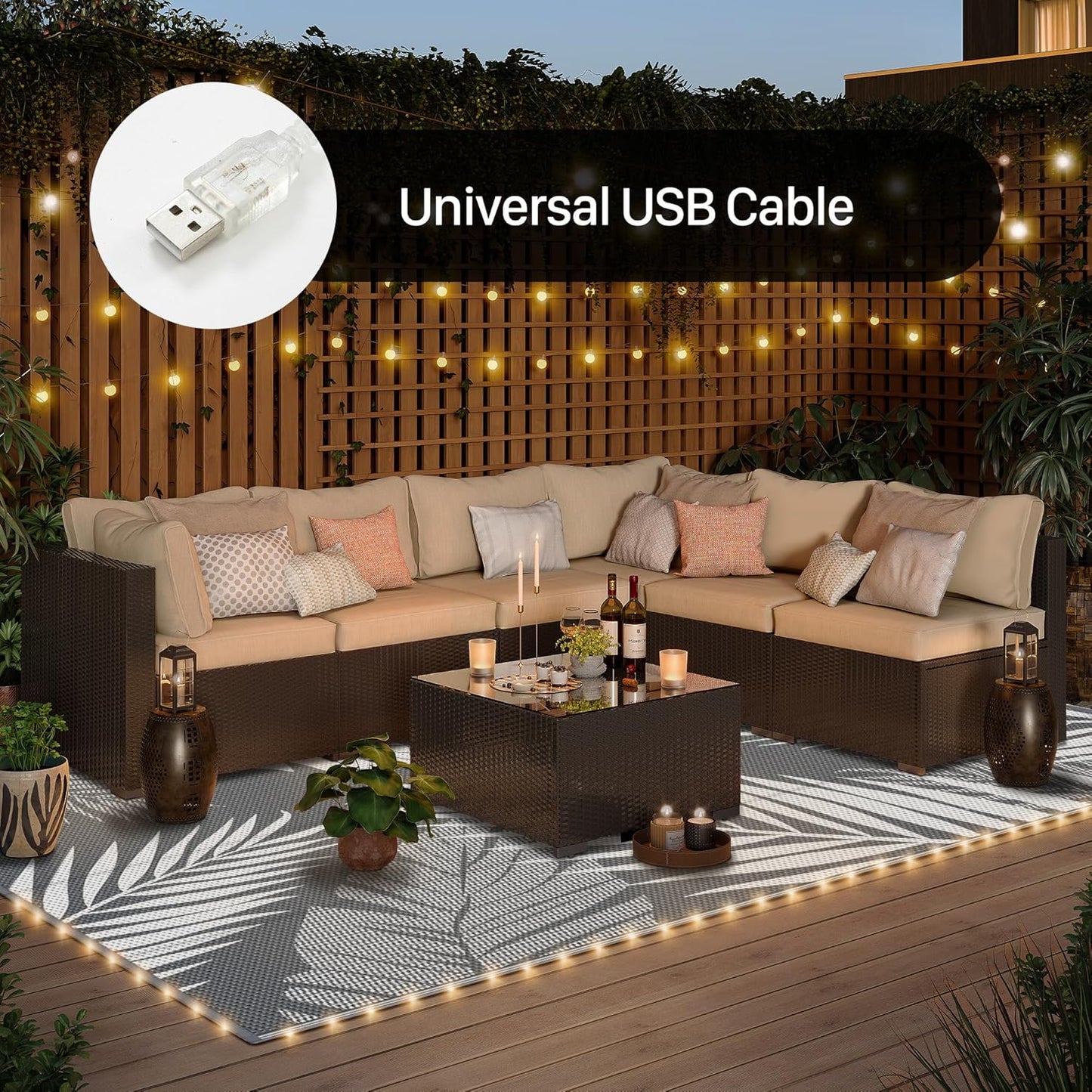 GENIMO Outdoor Rug 8' x 10' Waterproof for Patios Clearance, Reversible Outdoor Plastic Straw Camping Rug Carpet with LED String Light, Area Rugs Mats for RV, Camper, Deck, Balcony, Porch, Grey&White