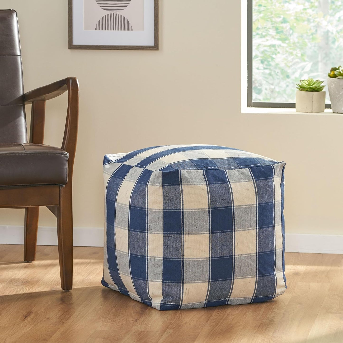 GDFStudio Modern Fabric Checkered Cube Pouf Ottoman Foot Stool - Bean Bag Floor Chair - Foot Rest Couch for Living Room Bedroom,Ivory and Navy Blue,16"" x 16"" x 16"", 313655N