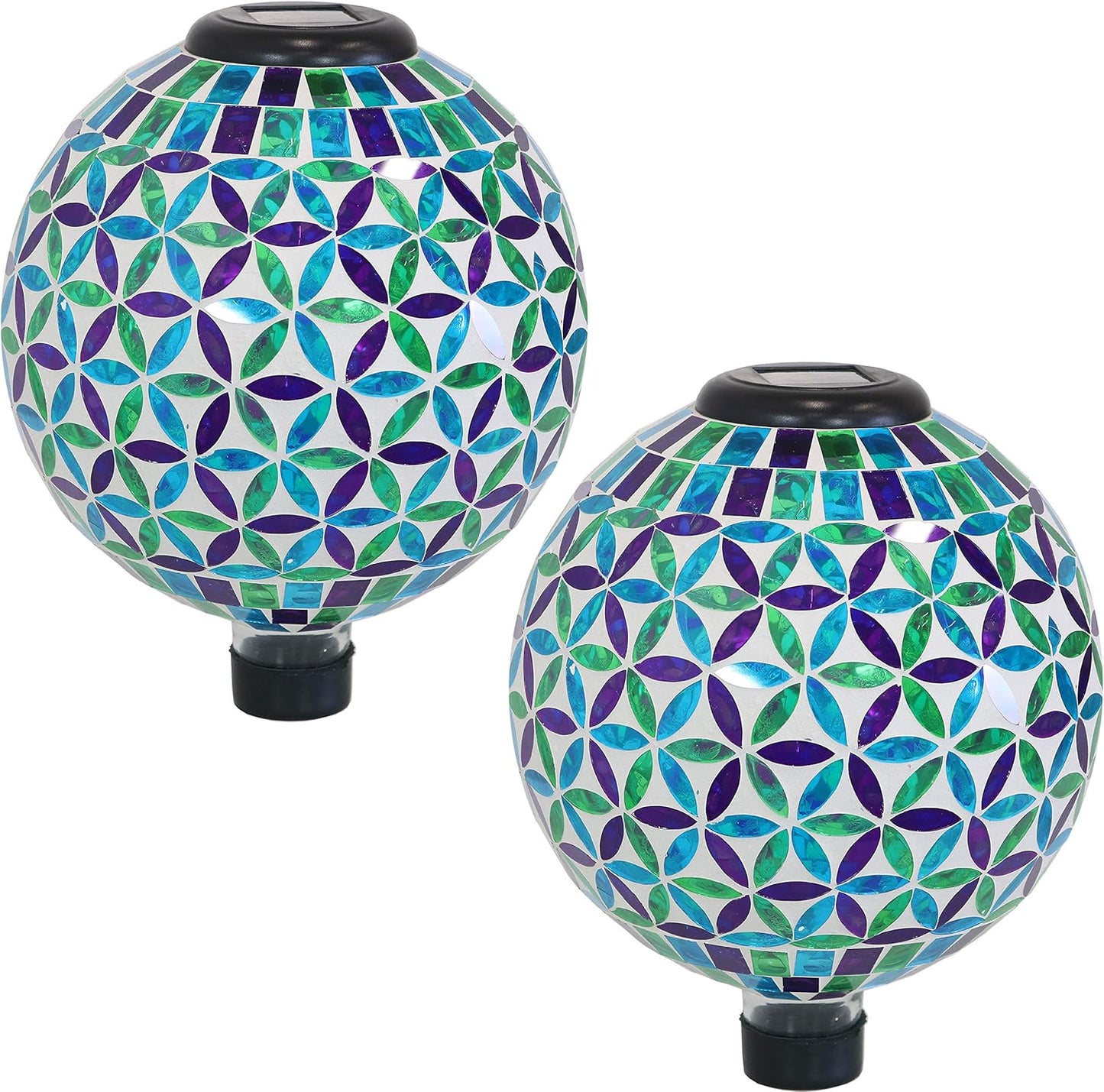 Sunnydaze Cool Blooms 10" Mosaic Glass Garden Gazing Globe with LED Solar Light - Set of 2