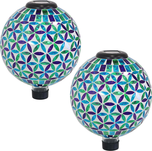 Sunnydaze Cool Blooms 10" Mosaic Glass Garden Gazing Globe with LED Solar Light - Set of 2