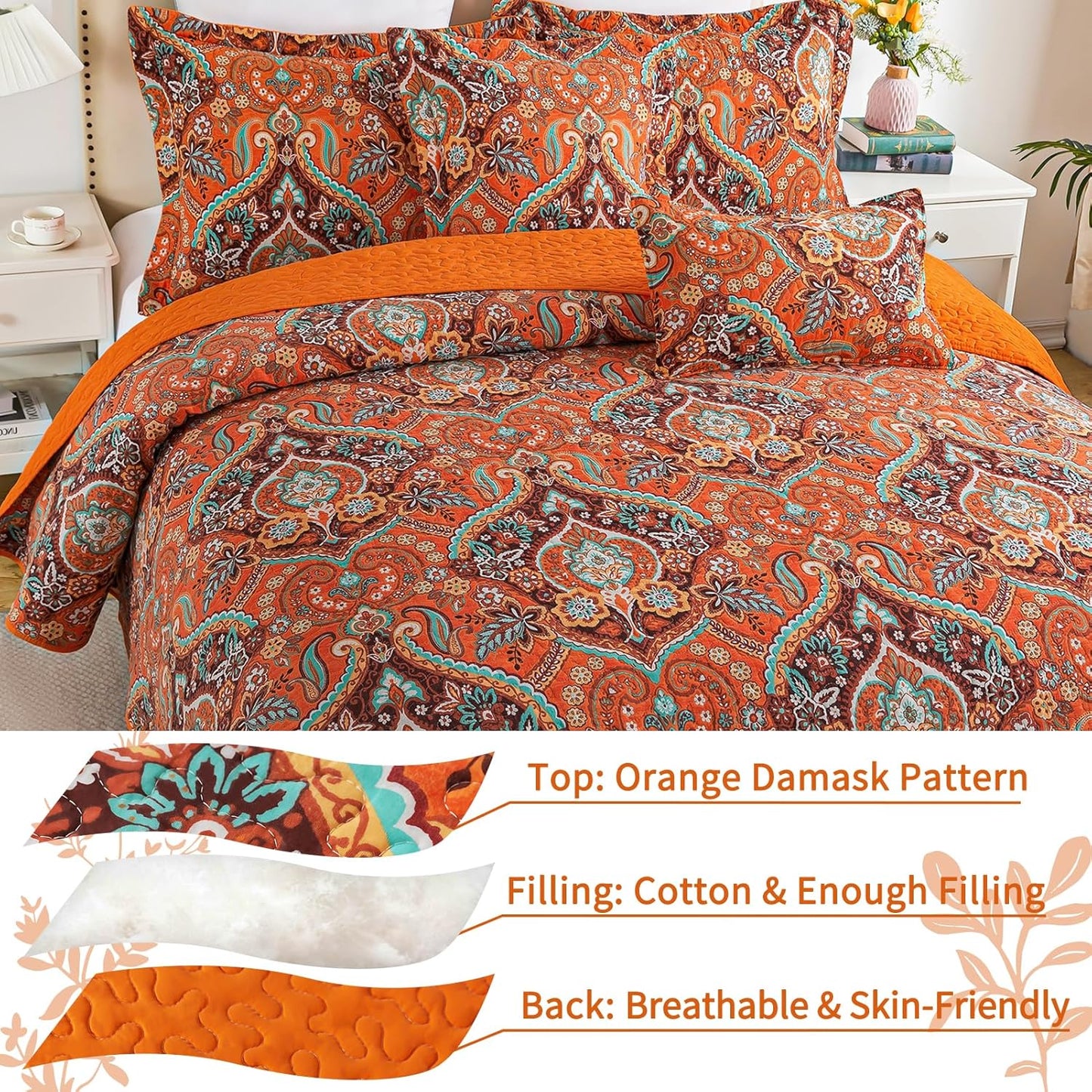 VAPUTAR Quilt California King Size Bedding Set - Cotton California King Quilt (108 * 118 Inch) - Boho Lightweight Reversible Oversized Bedspread for Farmhouse Bedroom (Orange), 3 Pieces