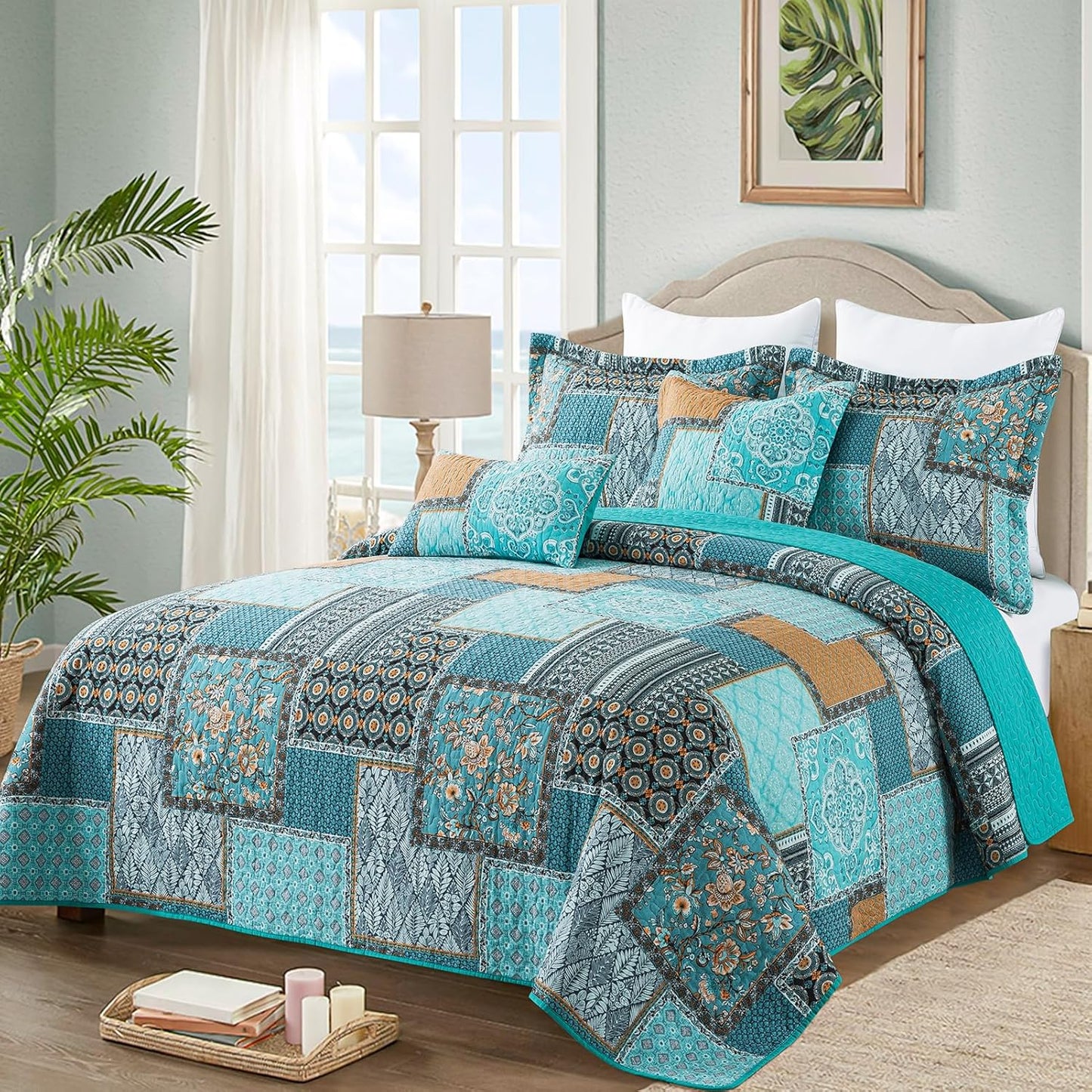 VAPUTAR Oversized King Size Quilt Bedding Set - Cotton California King Size Bedspreads (108 * 118 in) - Lightweight Floral Quilts for Farmhouse Bedroom (Teal/Green Chic, 3 Pieces)