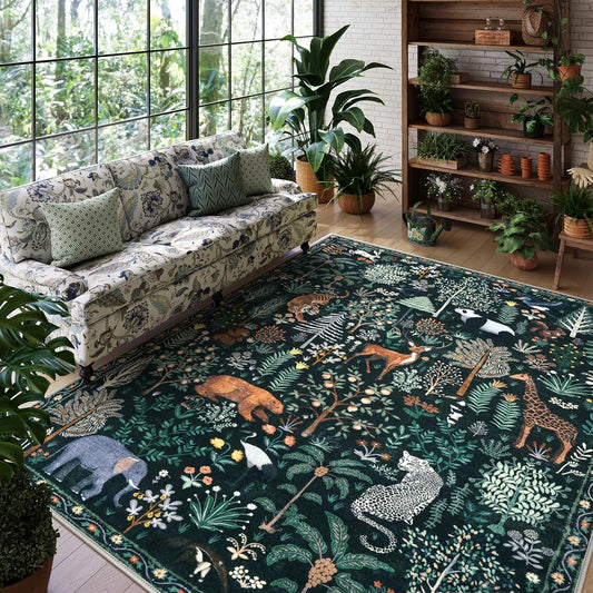 OJIA Jungle Print 9x12 Area Rugs for Living Room, Green Soft Bedroom Rug Washable Rugs 9x12, Modern Dining Room Rug Stain Resistant Ultra-Thin Floor Carpet for Playroom Kids Room Nursery