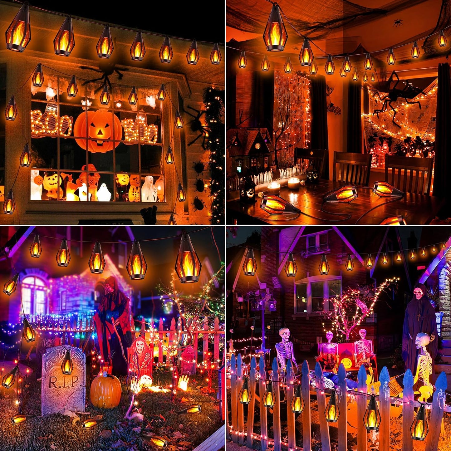 iBaycon Solar Halloween Lights, 27Ft 10 LED Bulbs Flickering Flame String Light, Outdoor Waterproof Solar Flame Lights for Garden Yard Patio Halloween Decorations (Warm White)