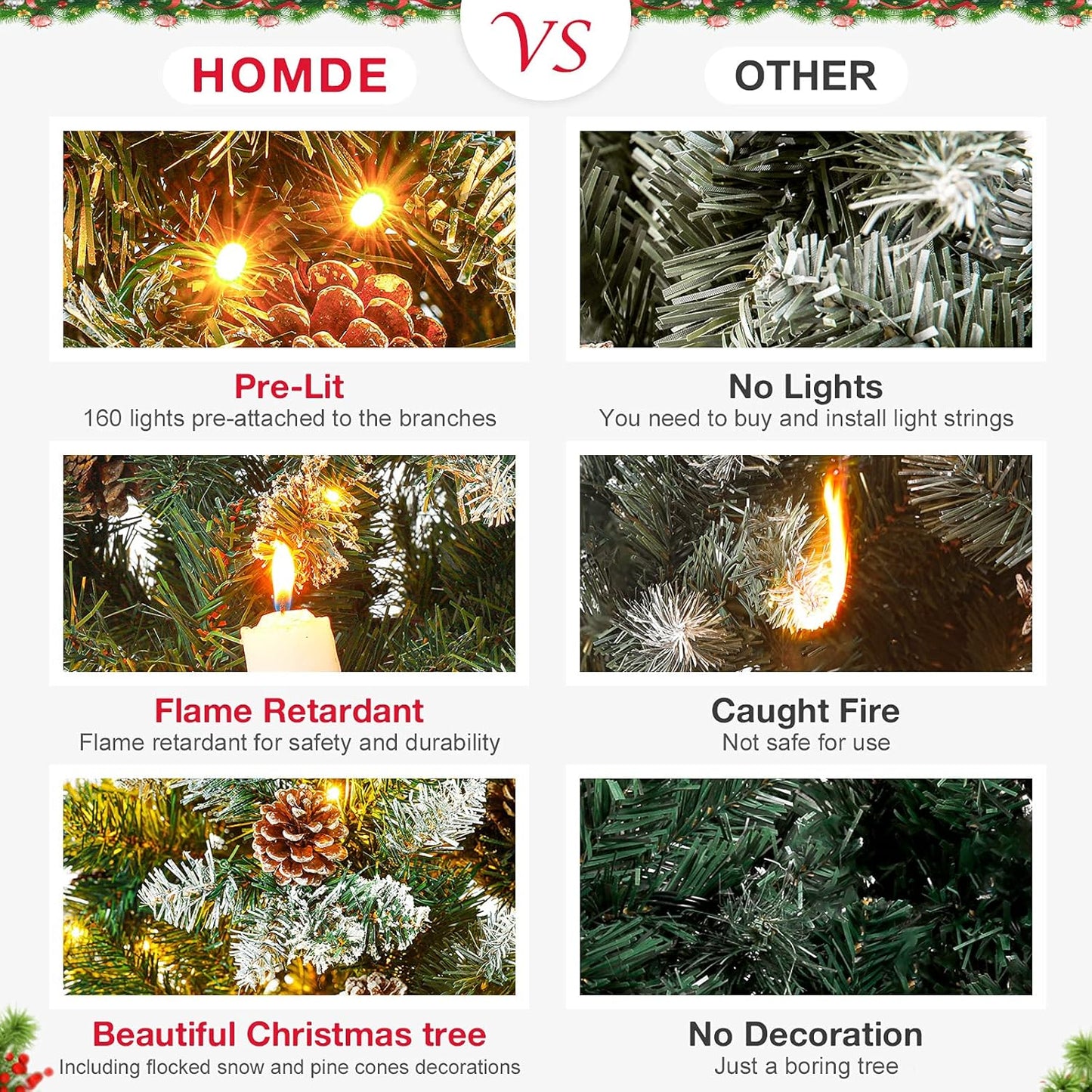 Homde Pencil Christmas Tree 5 Foot Pre-Lit Artificial Christmas Tree with Flocked Snow Pine Cone 140 Warm White Light Holiday Decor