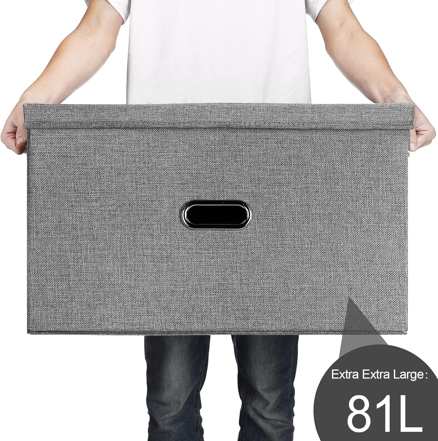 Large Linen Fabric Foldable Storage Bins with Removable Lid and Handles, Washable Storage Box Organizer Containers Baskets Cube with Cover for Bedroom,Office(Black, XXL)