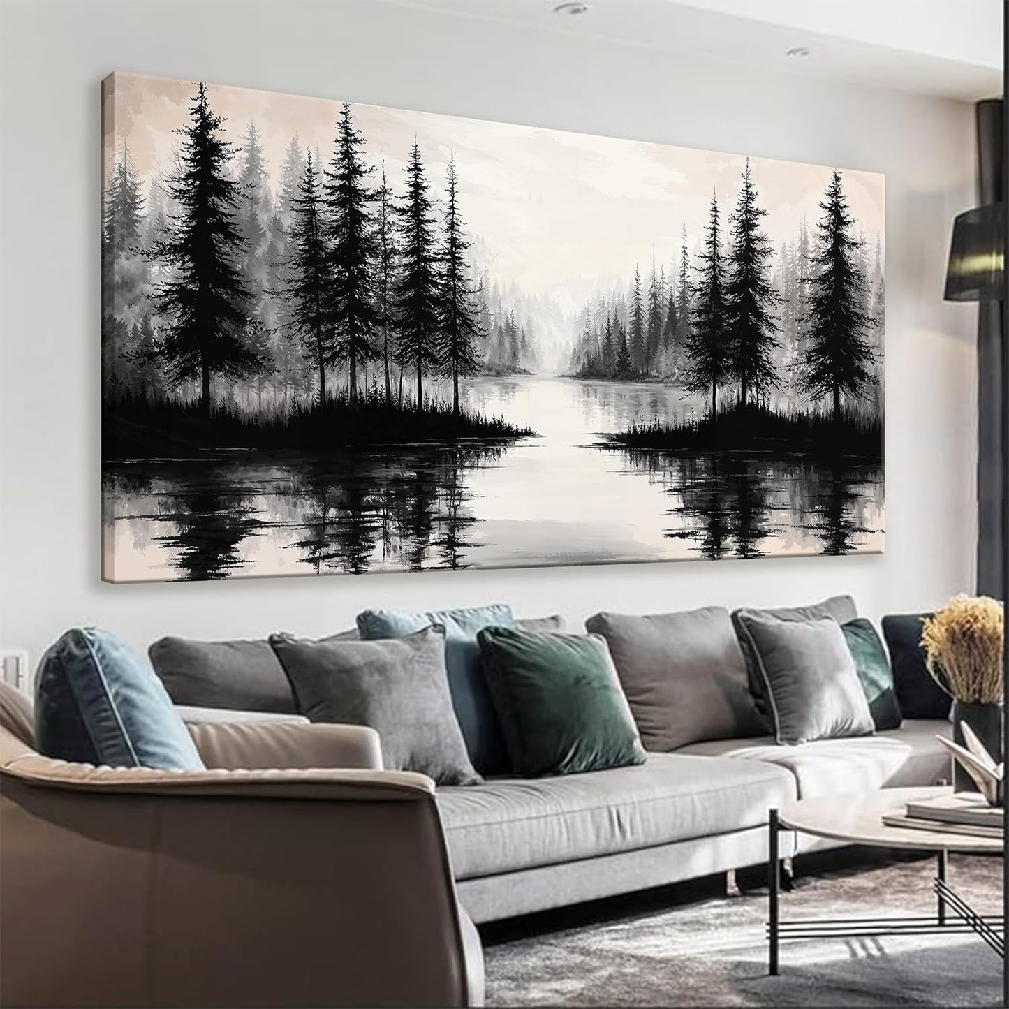 QSQ Black Wall Art For Living Room Canvas Art Wall Decor Print Modern Wall Art Forest River Landscape Painting Picture For Bedroom Office Apartment Hotel Home Wall Decoration 24 X 48 In
