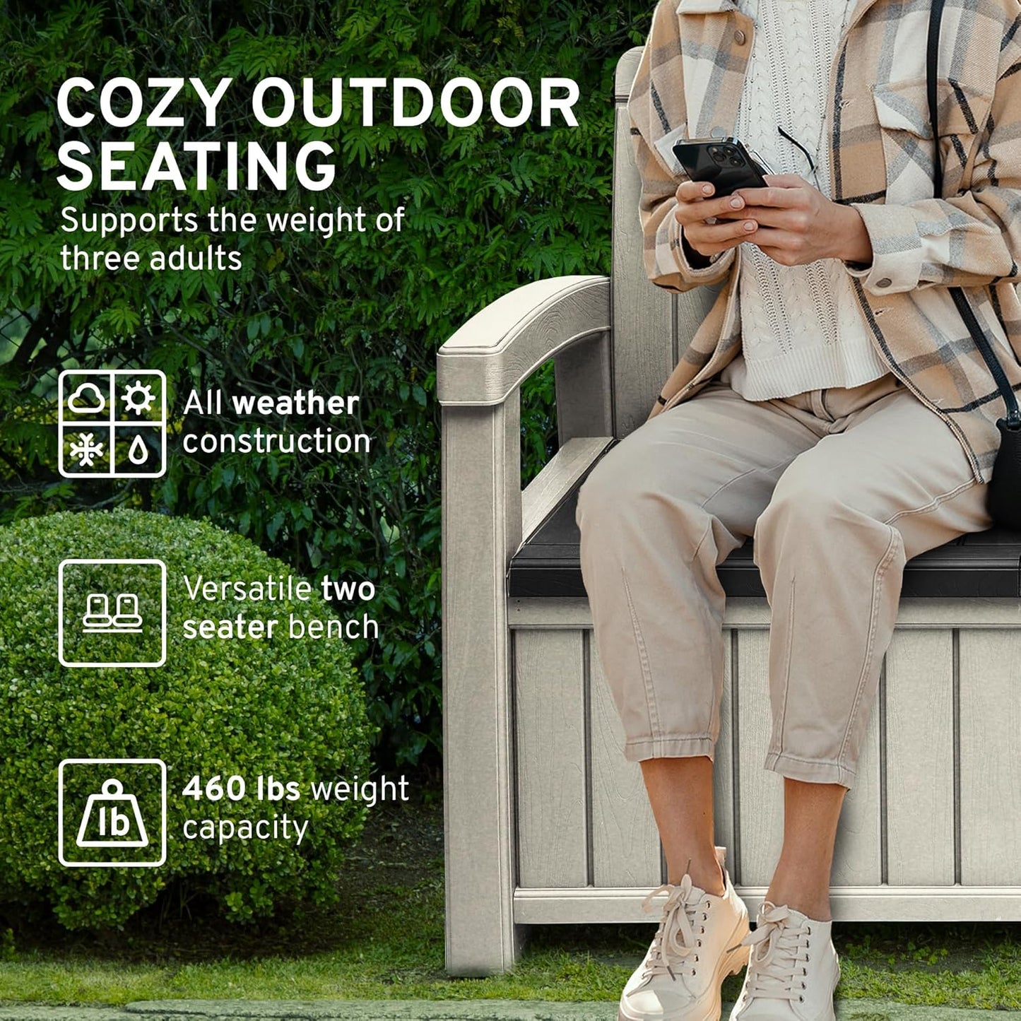 EconoHome 2 Seat Outdoor Storage Bench with Rain Cover - 60 Gallon Capacity - Weatherproof Resin Bench for Patio, Porch, Garden, Yard, Pool Area - Furniture for Pool Accessories, Gardening Tools