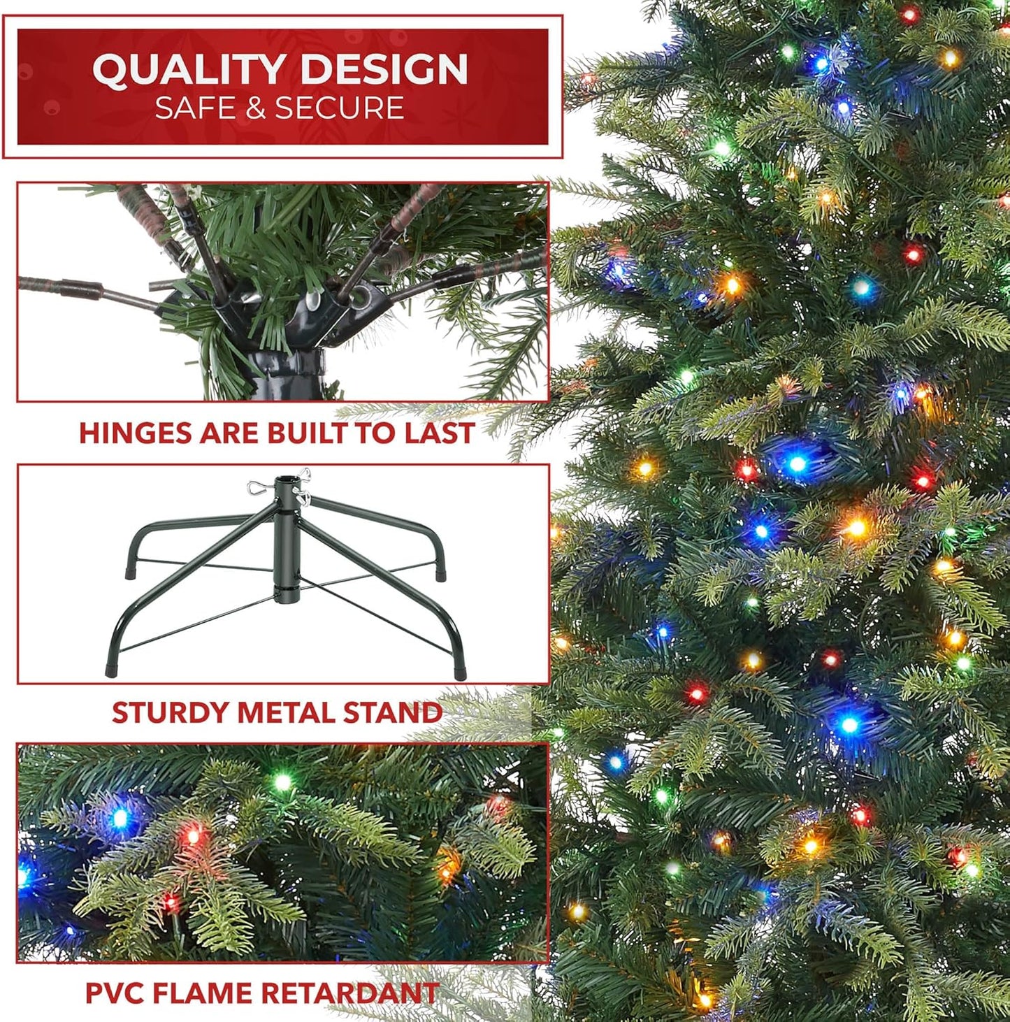 Casafield 7.5FT Pre-Lit Slim Green Aspen Fir Artificial Holiday Christmas Tree with White & Multicolored LED Lights, Realistic Noble Fir with Metal Stand