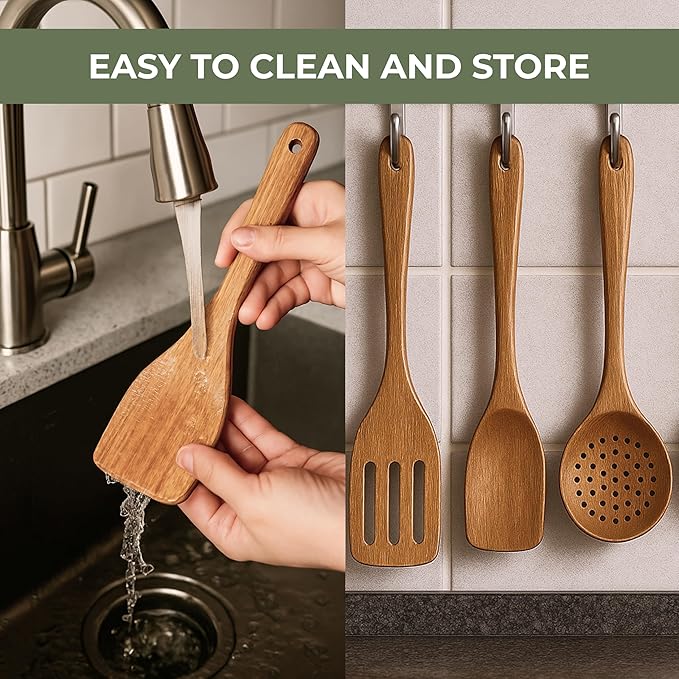 Vasilek Wooden Cooking Utensils Set – 12-Piece Acacia Wood Kitchen Utensil Set with Square Holder & Spoon Rest, Non Toxic Wooden Tools for Nonstick Cookware, Spatula, Ladle, Serving Spoon